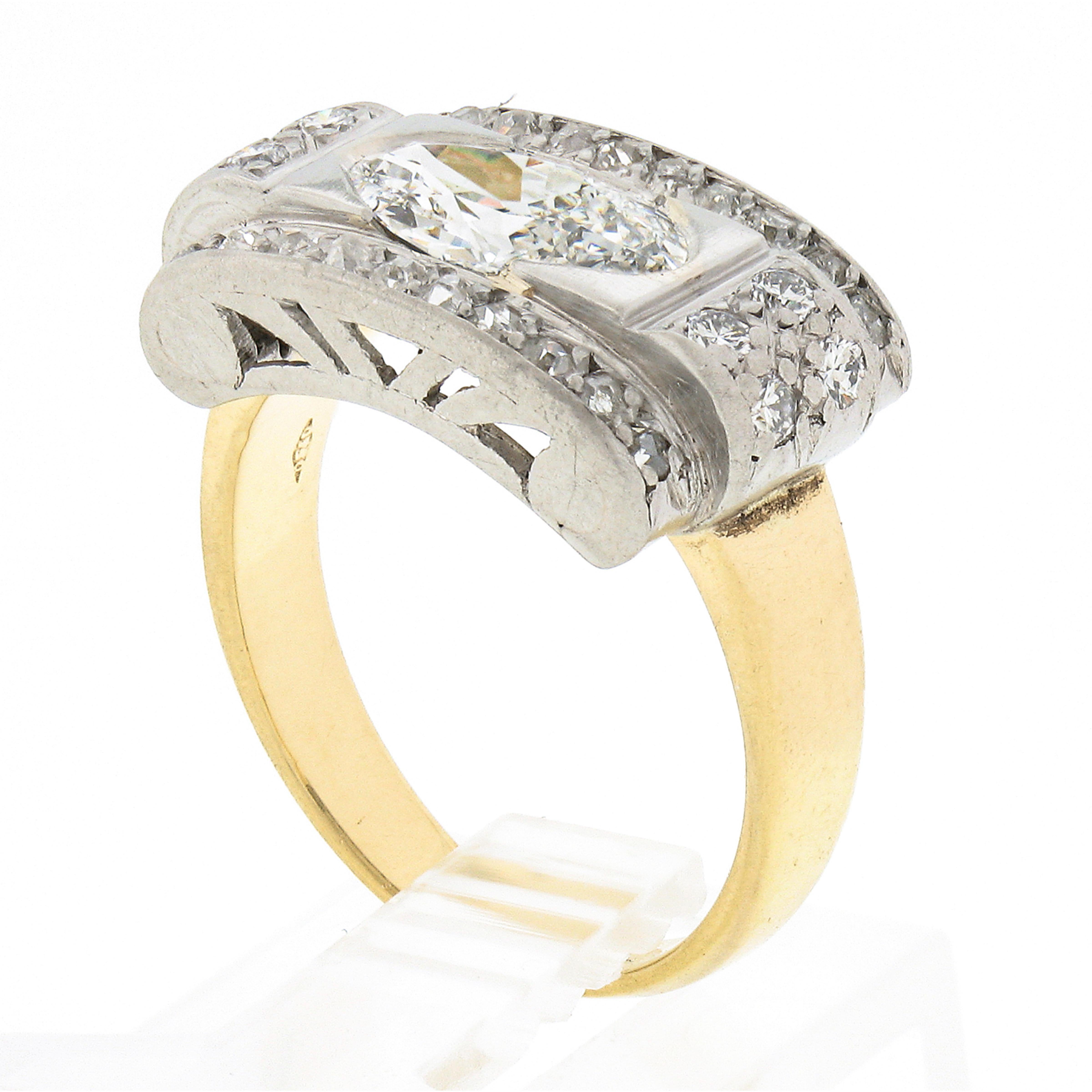 Antique Edwardian 18k Gold & Plat 1.40ct GIA Oval Diamond & Accents Platter Ring For Sale 3