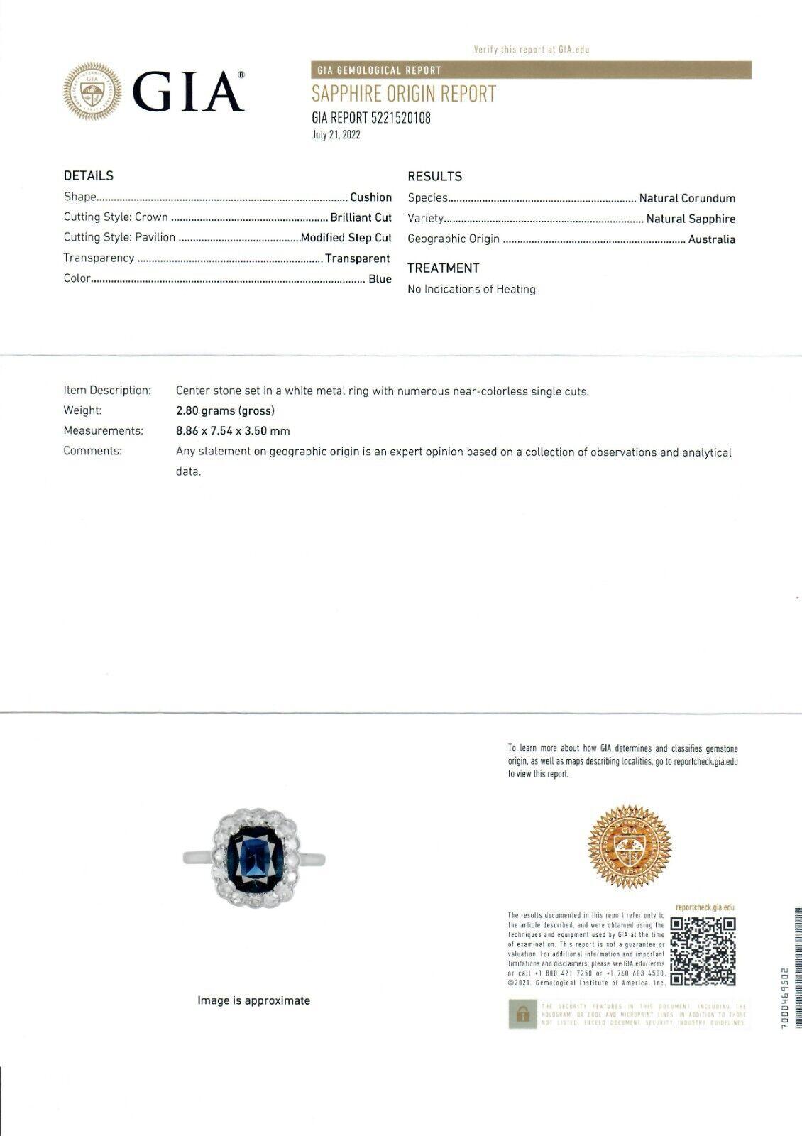Antique Edwardian 18k Gold Plat GIA No Heat Cushion Sapphire & Diamond Halo Ring 6
