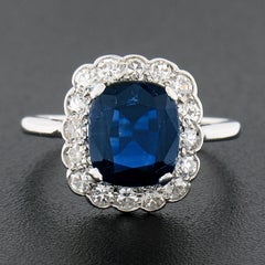 Antique Edwardian 18k Gold Plat GIA No Heat Cushion Sapphire & Diamond Halo Ring