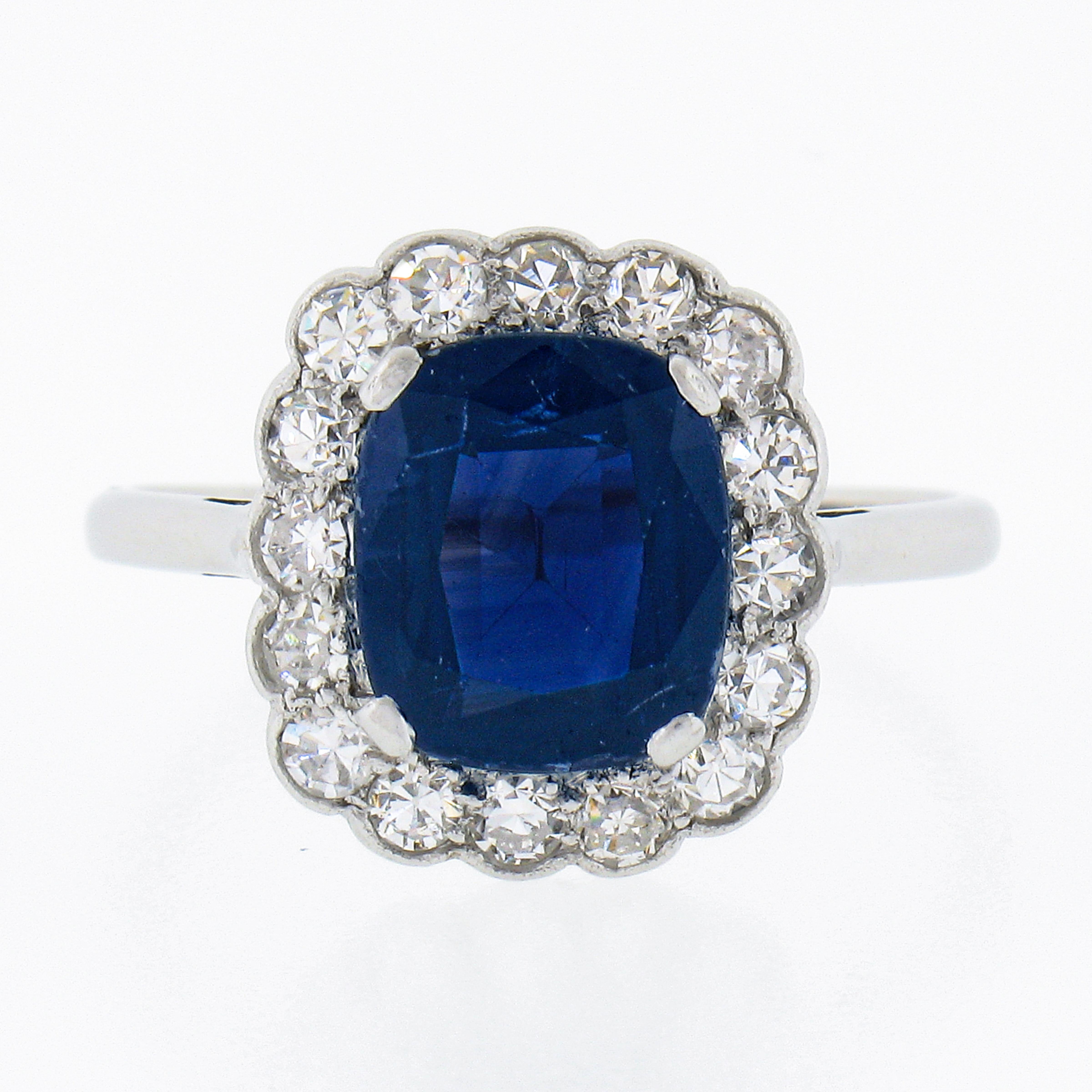 Antique Edwardian 18k Gold Plat GIA No Heat Cushion Sapphire & Diamond Halo Ring In Good Condition In Montclair, NJ