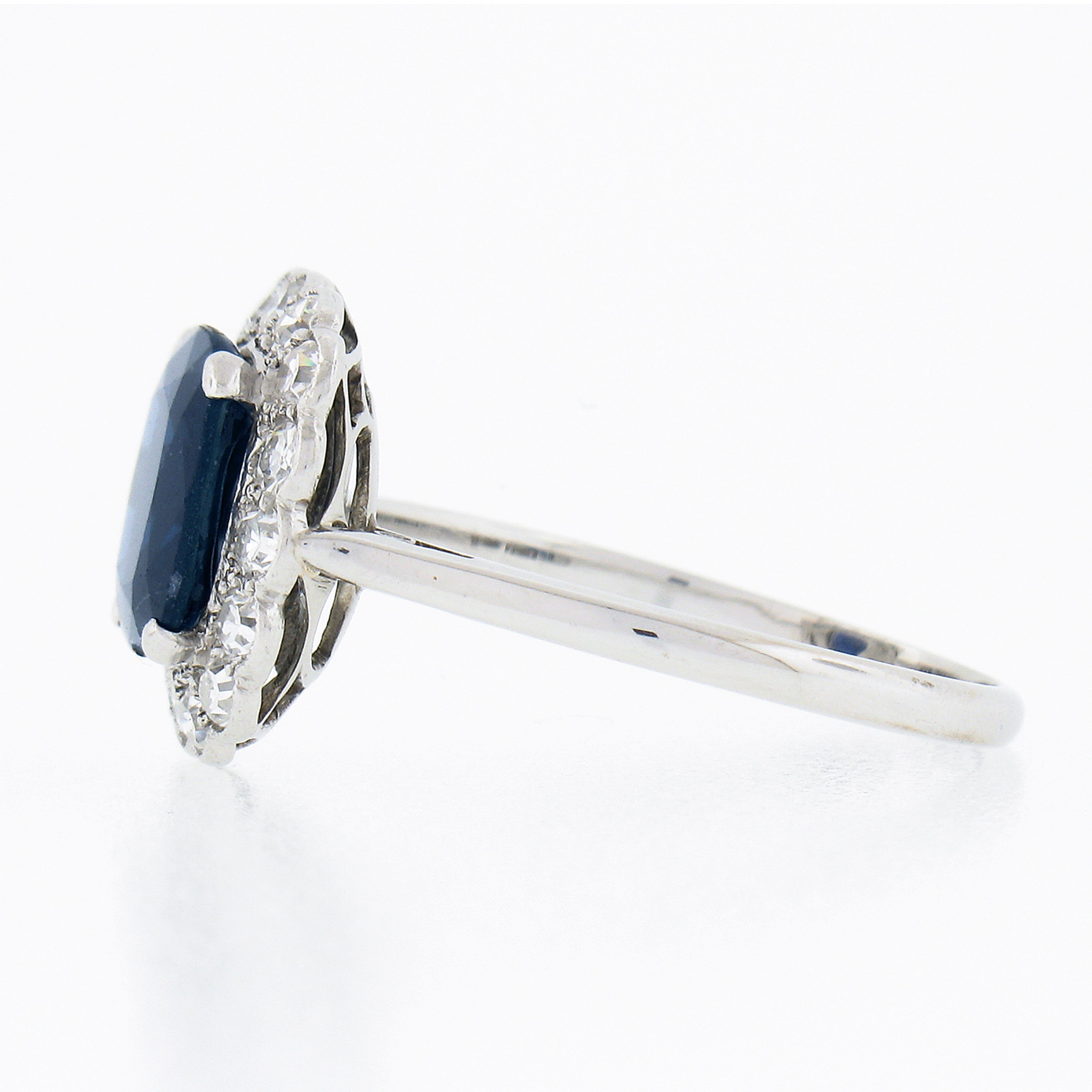 Women's Antique Edwardian 18k Gold Plat GIA No Heat Cushion Sapphire & Diamond Halo Ring