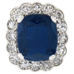 Antique Edwardian 18k Gold Plat GIA No Heat Cushion Sapphire & Diamond Halo Ring