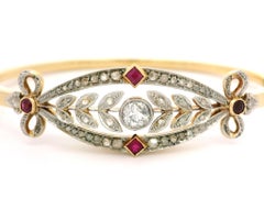 Antique Edwardian 18k Gold & Platinum 0.85ctw Diamond w/ Red Stone Hinged Bangle