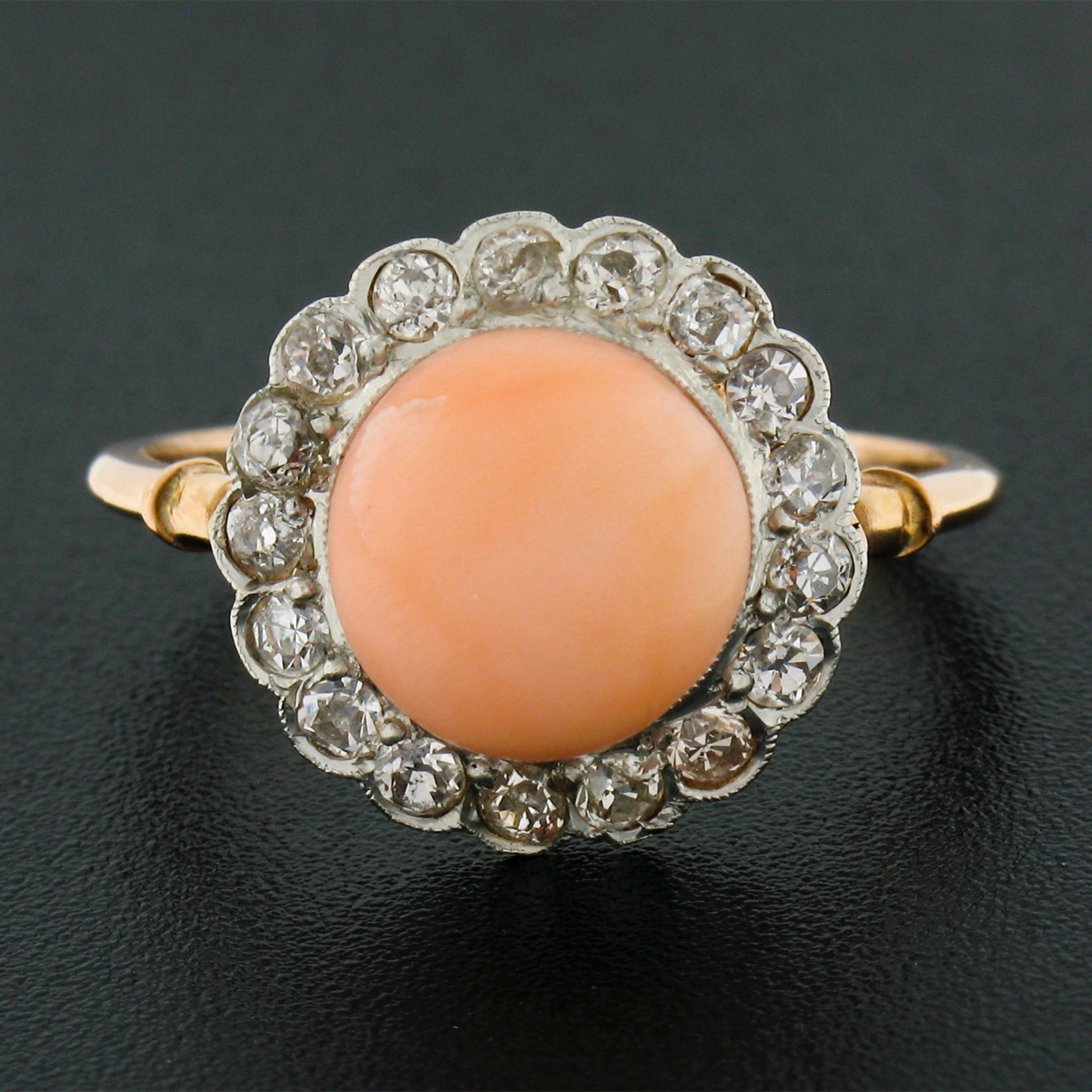 This absolutely gorgeous antique ring was crafted in solid 18k yellow gold and platinum during the Edwardian era. It features a 9.7mm button shape coral stone that is neatly set at the center of a fiery diamond halo. The coral has a very desirable