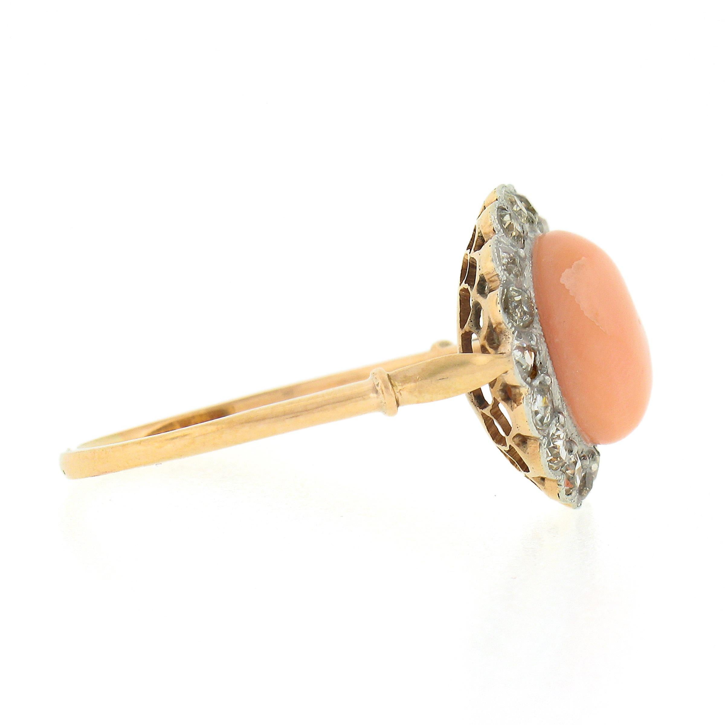 Antique Edwardian 18K Gold Platinum Button Angel Skin Coral w/ Diamond Halo Ring In Good Condition For Sale In Montclair, NJ