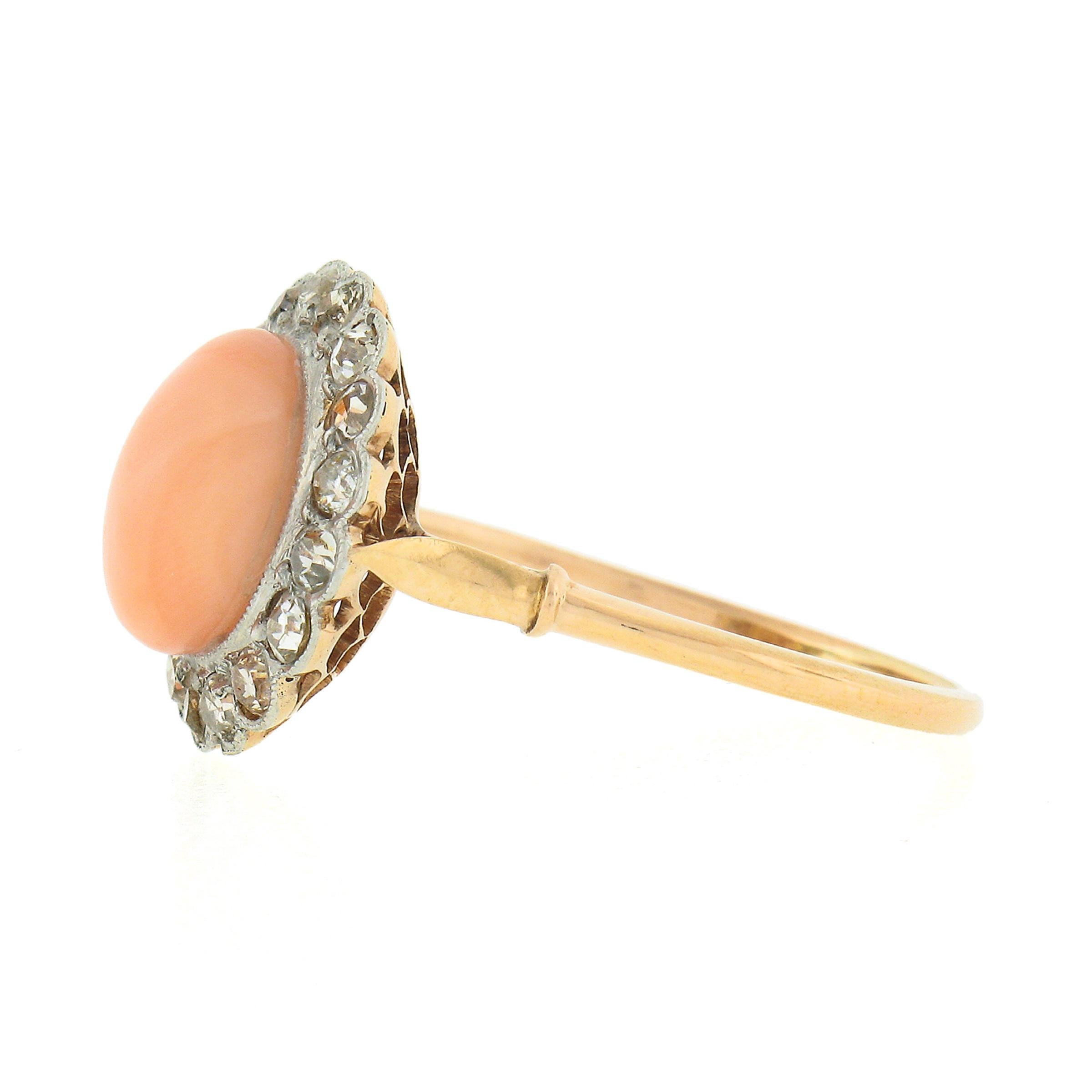 Women's Antique Edwardian 18K Gold Platinum Button Angel Skin Coral w/ Diamond Halo Ring For Sale