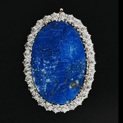 Antique Edwardian 18k Gold Platinum Carved Lapis Old Mine Diamond Pin Brooch