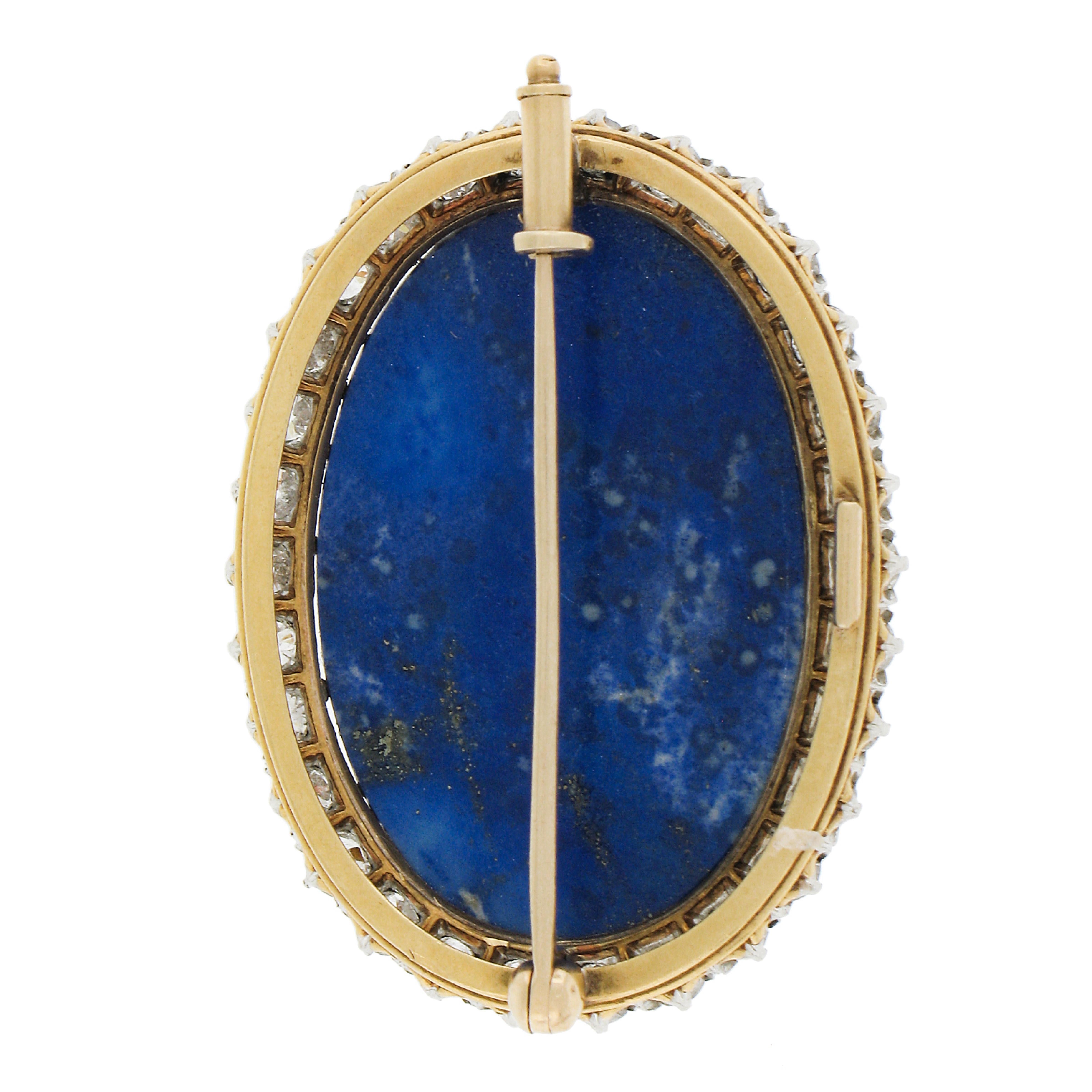 Oval Cut Antique Edwardian 18k Gold Platinum Carved Lapis Old Mine Diamond Pin Brooch For Sale