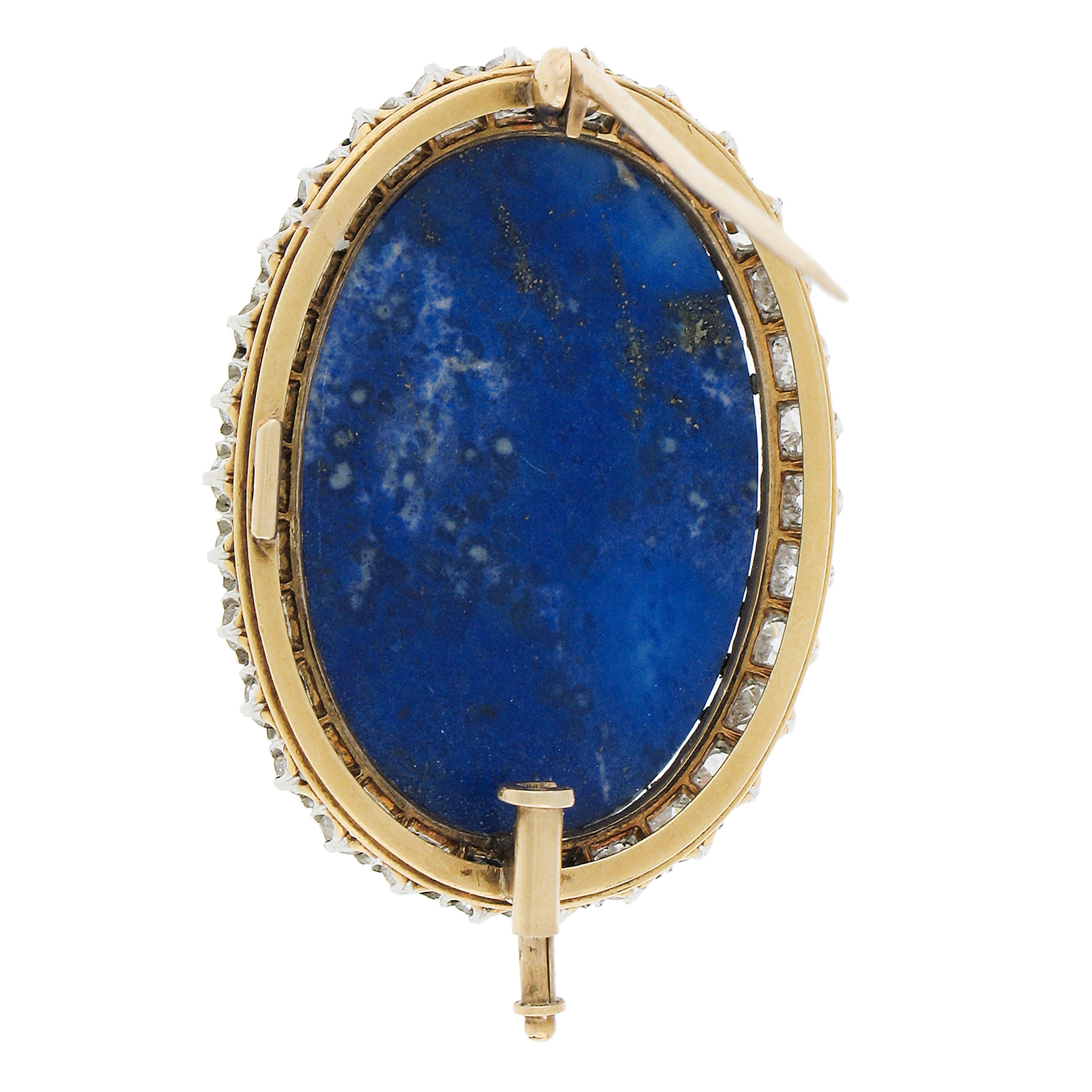 Antique Edwardian 18k Gold Platinum Carved Lapis Old Mine Diamond Pin Brooch In Excellent Condition For Sale In Montclair, NJ