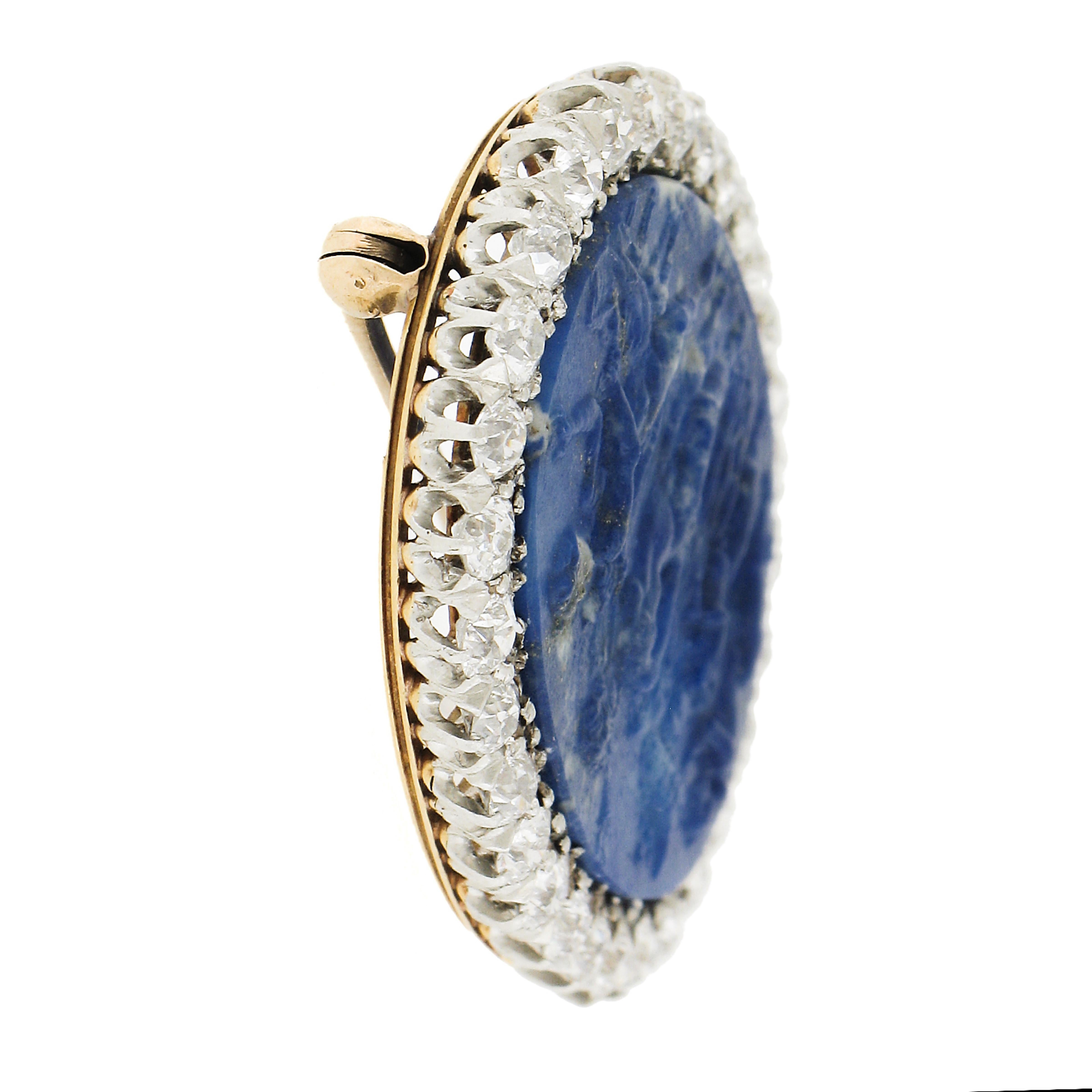 Women's Antique Edwardian 18k Gold Platinum Carved Lapis Old Mine Diamond Pin Brooch For Sale