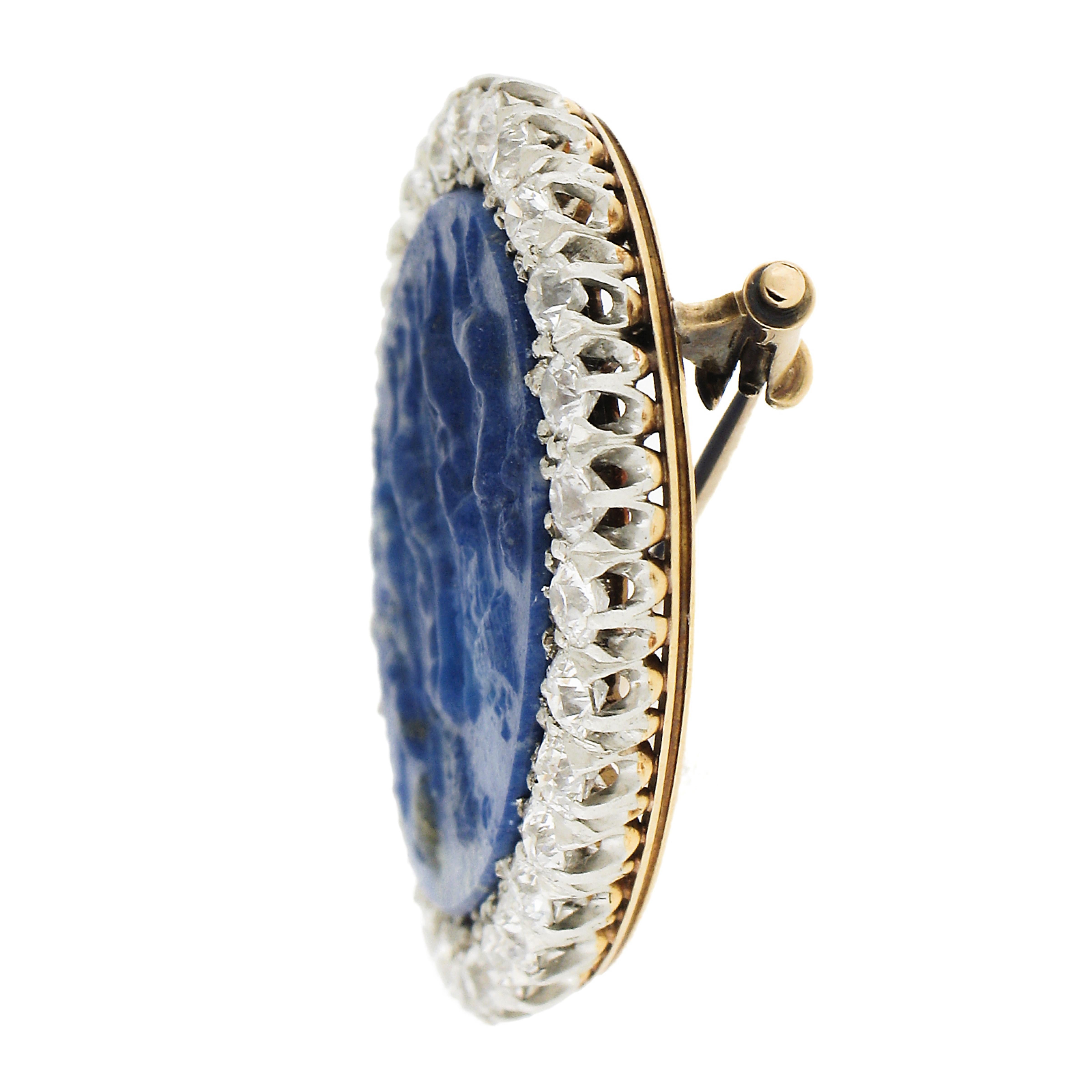 Antique Edwardian 18k Gold Platinum Carved Lapis Old Mine Diamond Pin Brooch For Sale 1