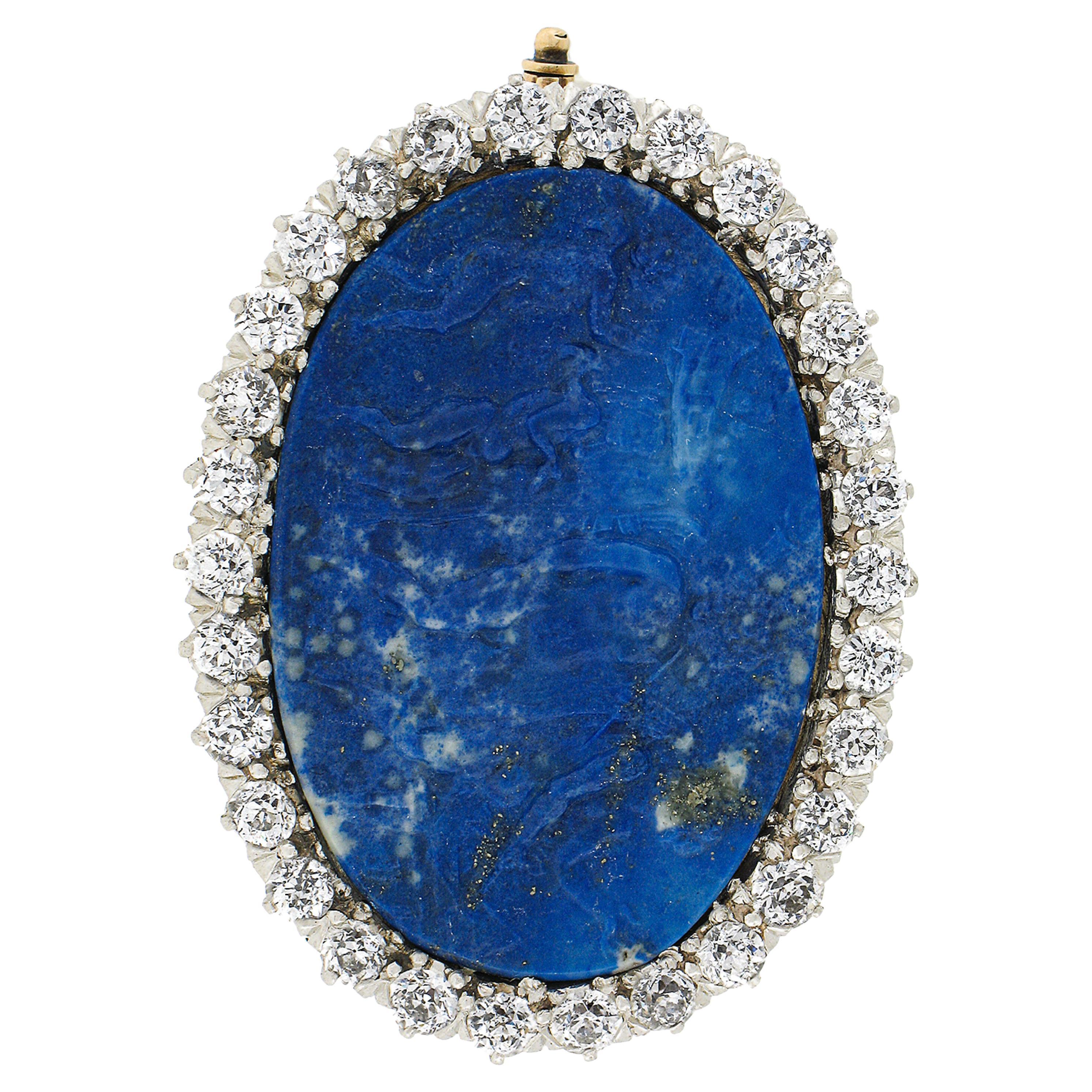 Antique Edwardian 18k Gold Platinum Carved Lapis Old Mine Diamond Pin Brooch