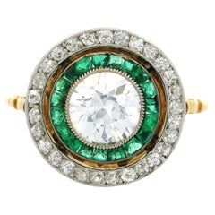 Antique Edwardian 18k Gold Platinum Diamond Emerald Round Concentric Target Ring