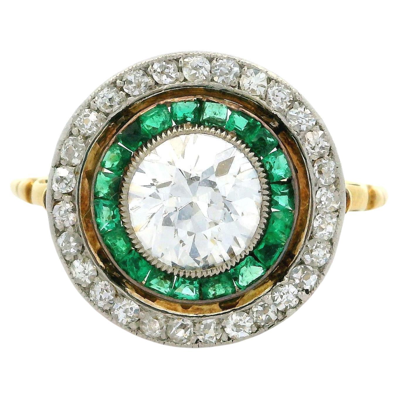 Antique Edwardian 18k Gold Platinum Diamond Emerald Round Concentric Target Ring