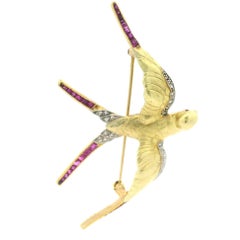 Antique Edwardian 18k Gold Platinum Diamond Ruby Swallow Flying Bird Pin Brooch