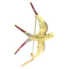 Antique Edwardian 18k Gold Platinum Diamond Ruby Swallow Flying Bird Pin Brooch