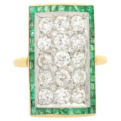 Antique Edwardian 18k Gold  Platinum Emerald & Diamond Rectangular Platter Ring
