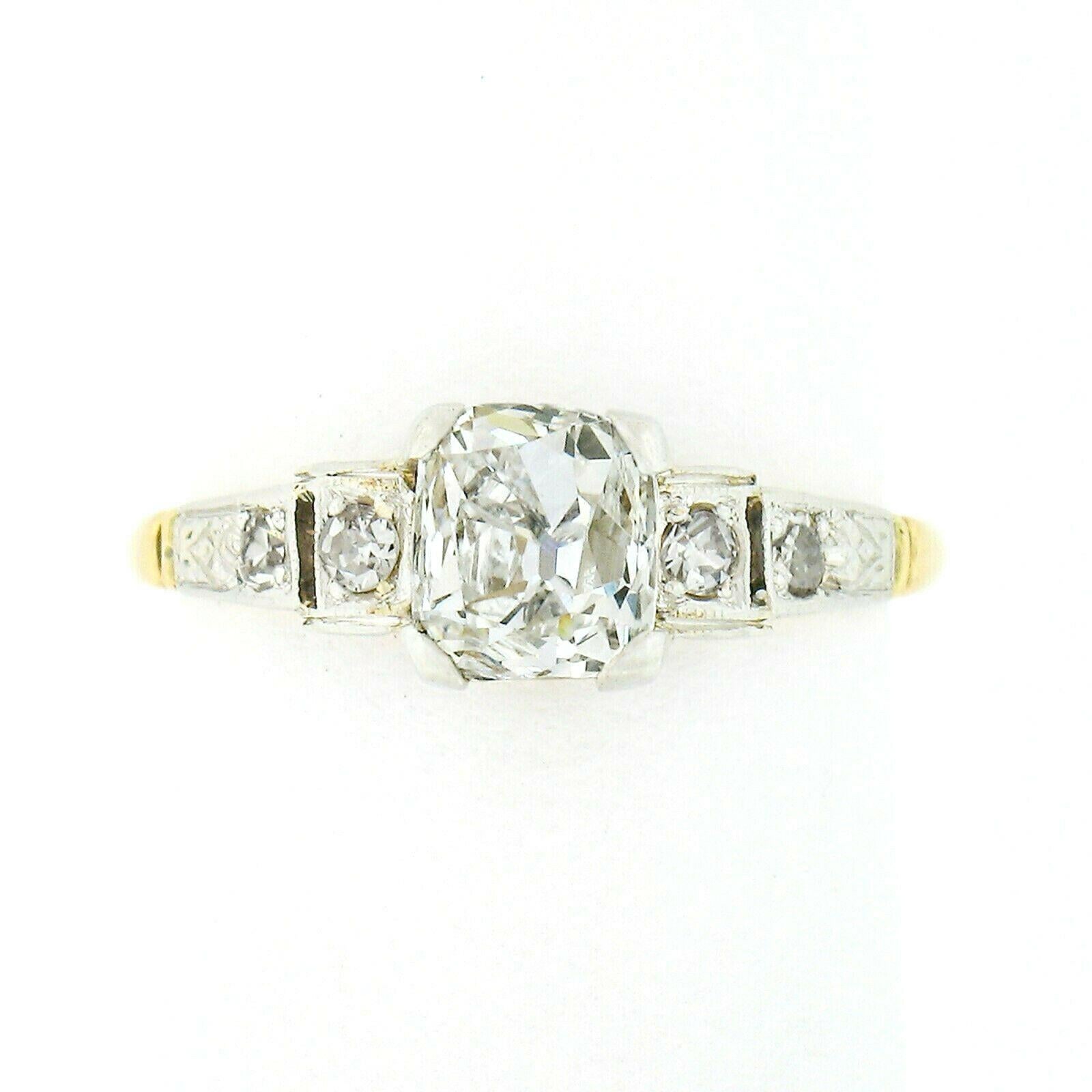Antique Edwardian 18k Gold Platinum GIA Cushion Mine Cut Diamond Engagement Ring In Good Condition For Sale In Montclair, NJ