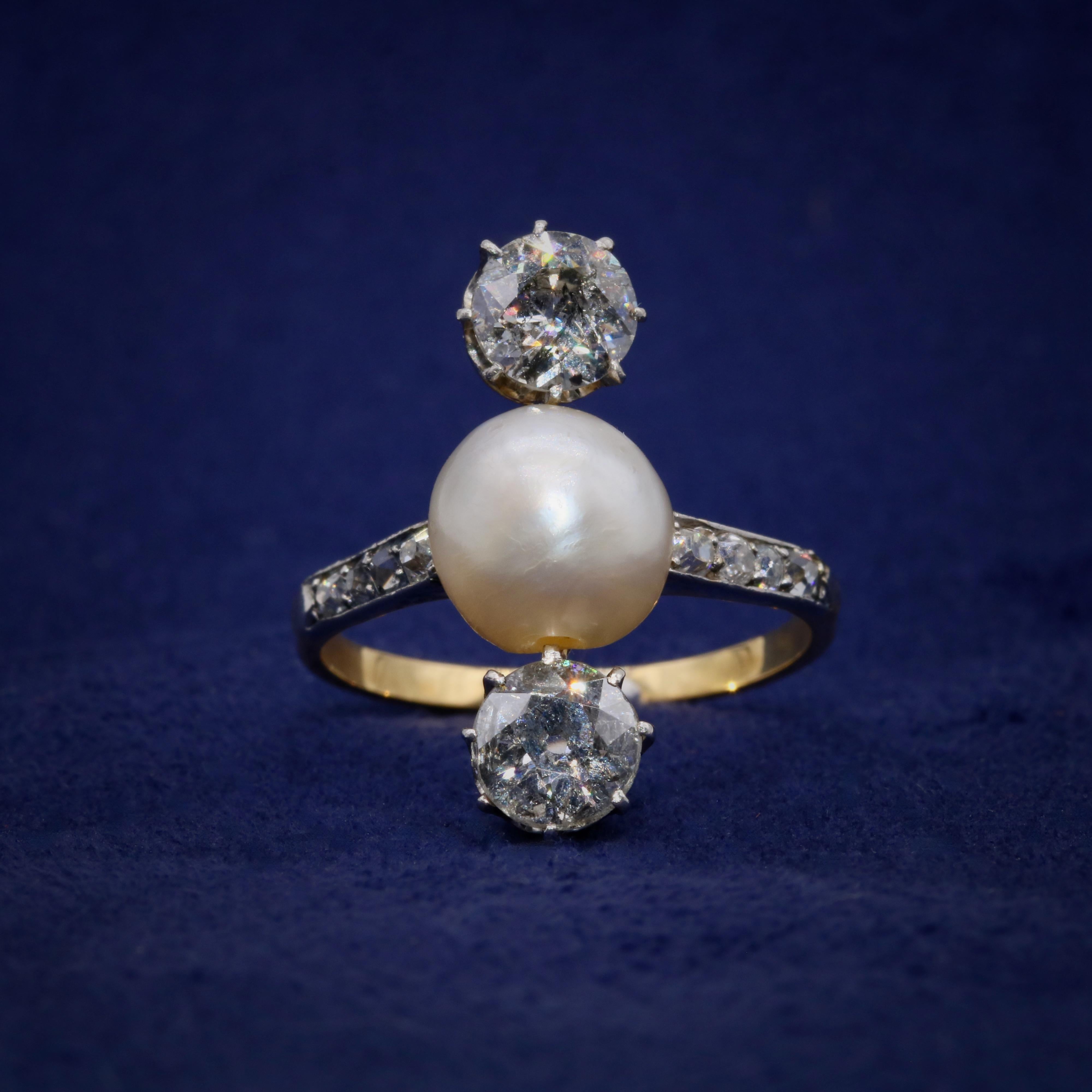 Old European Cut Antique Edwardian 18K Gold & Platinum Natural Pearl & 1.89ctw Diamond Ring For Sale