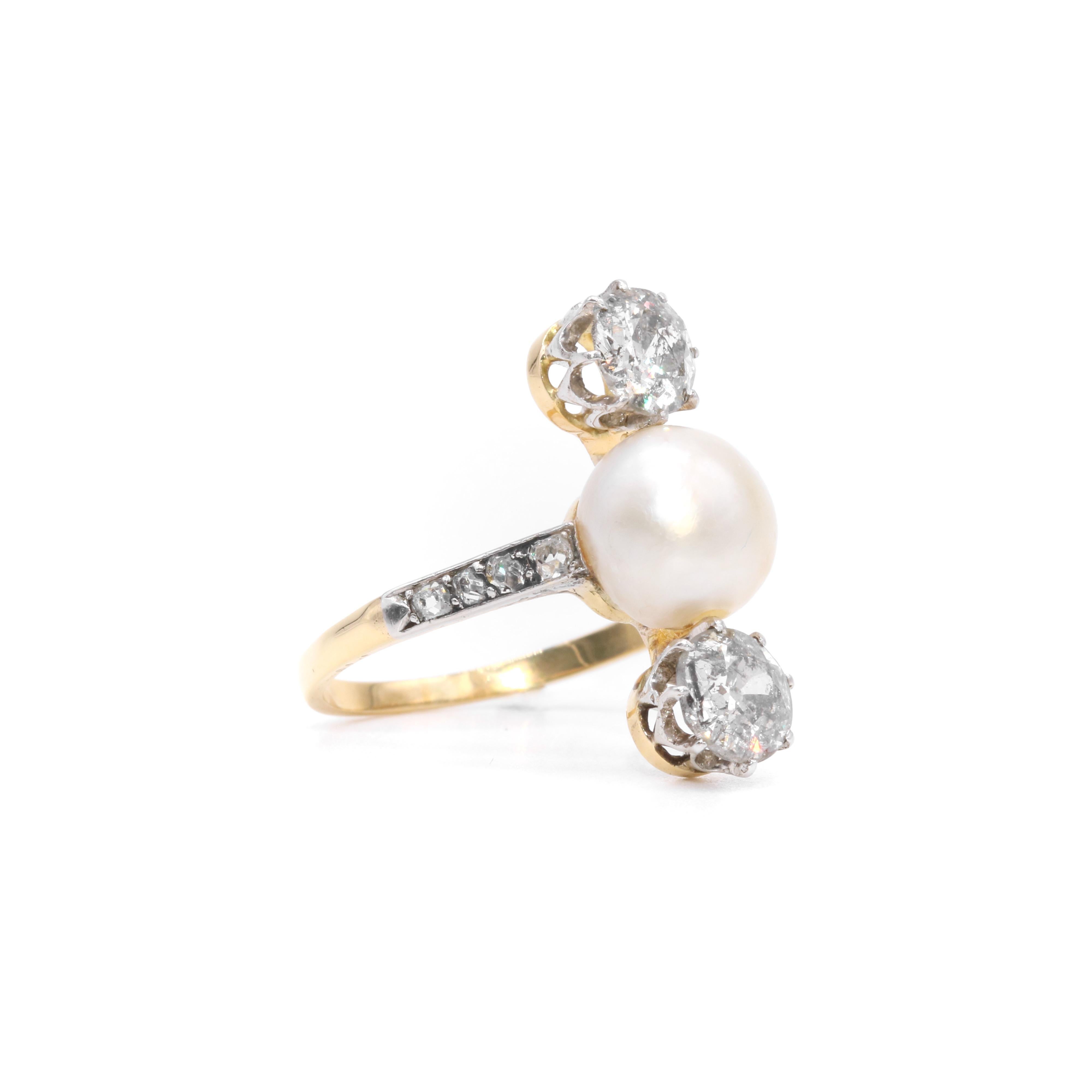 Antique Edwardian 18K Gold & Platinum Natural Pearl & 1.89ctw Diamond Ring In Good Condition For Sale In Staines-Upon-Thames, GB