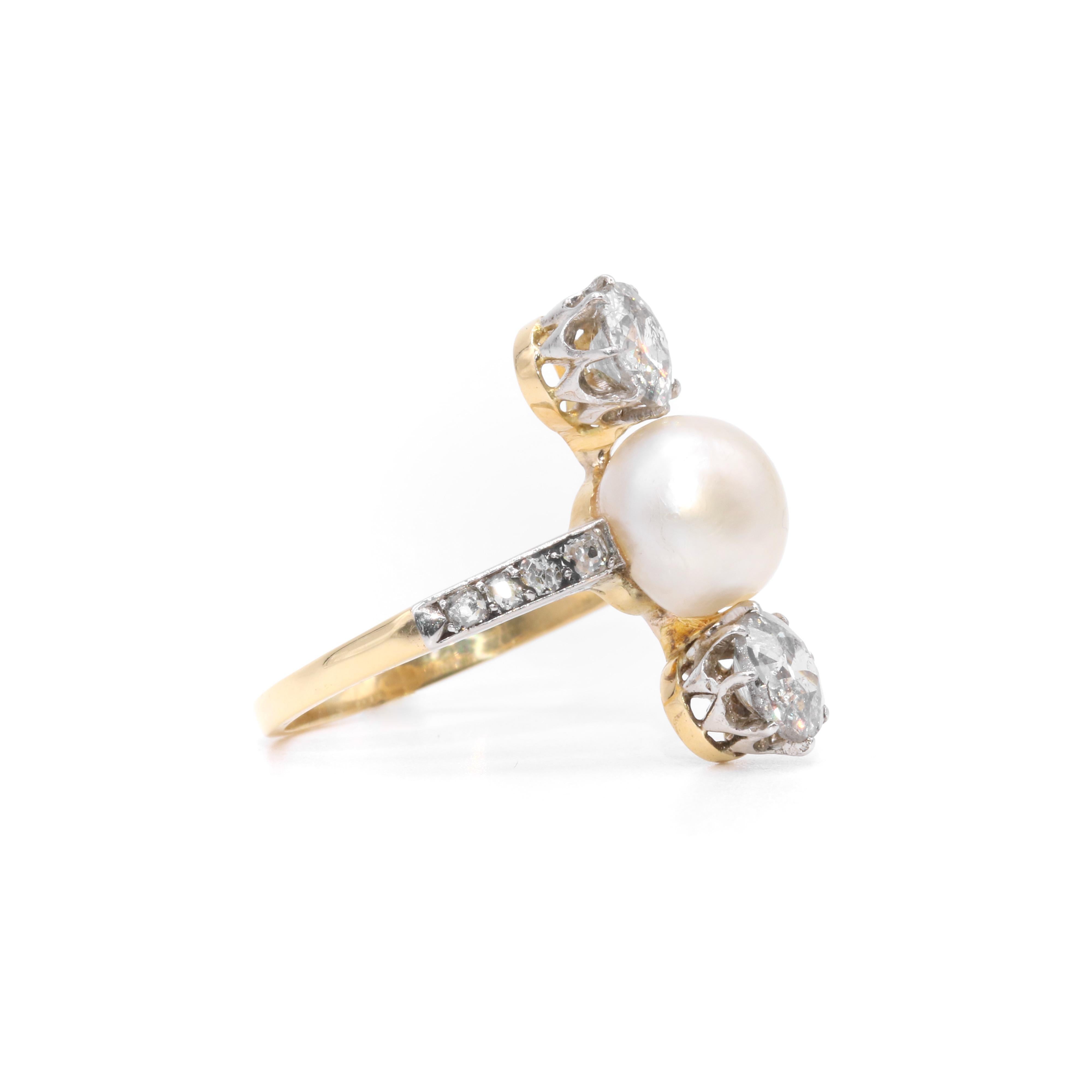 Women's or Men's Antique Edwardian 18K Gold & Platinum Natural Pearl & 1.89ctw Diamond Ring For Sale