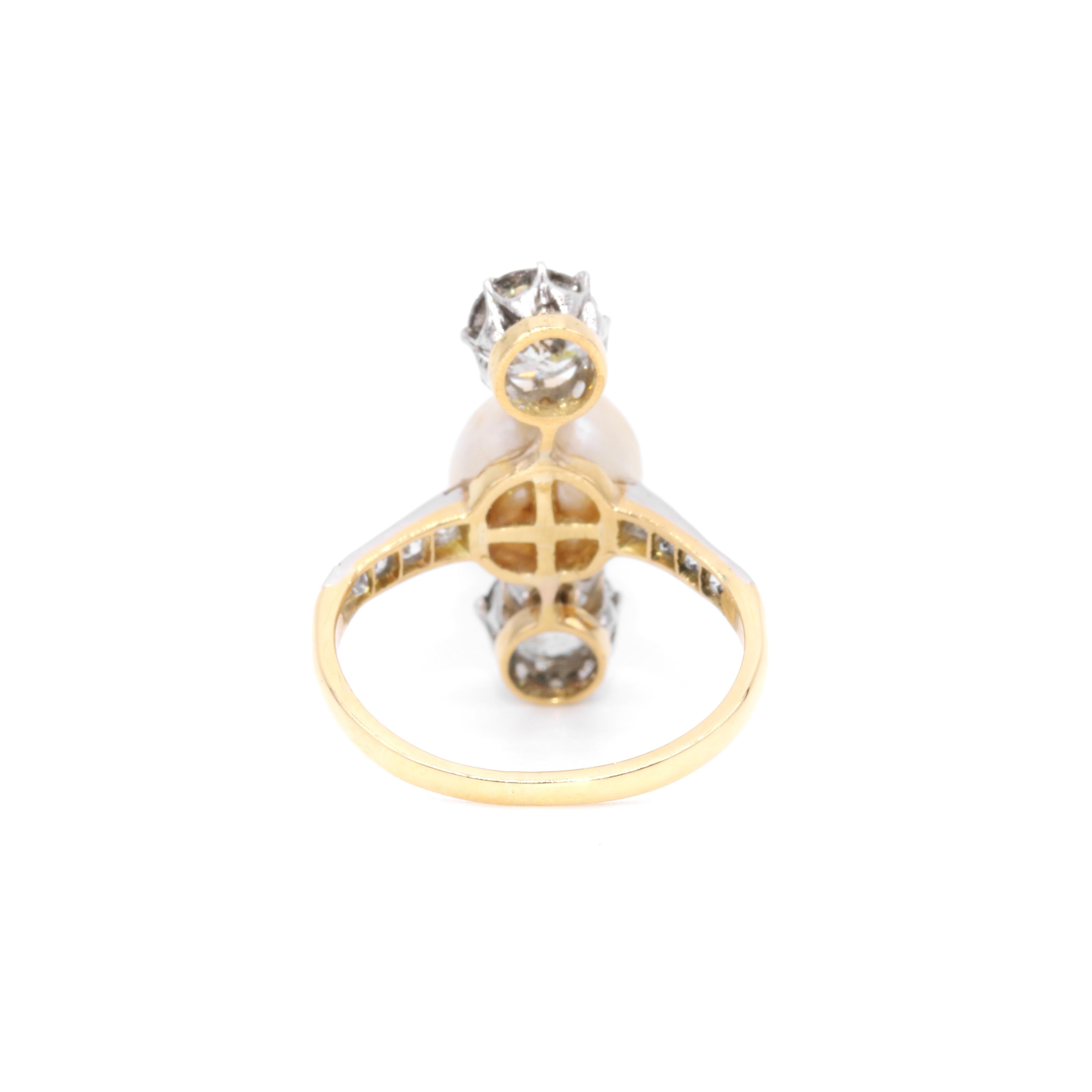 Bague édouardienne ancienne en or 18 carats, platine, perle naturelle et diamants de 1,89 carat Unisexe en vente