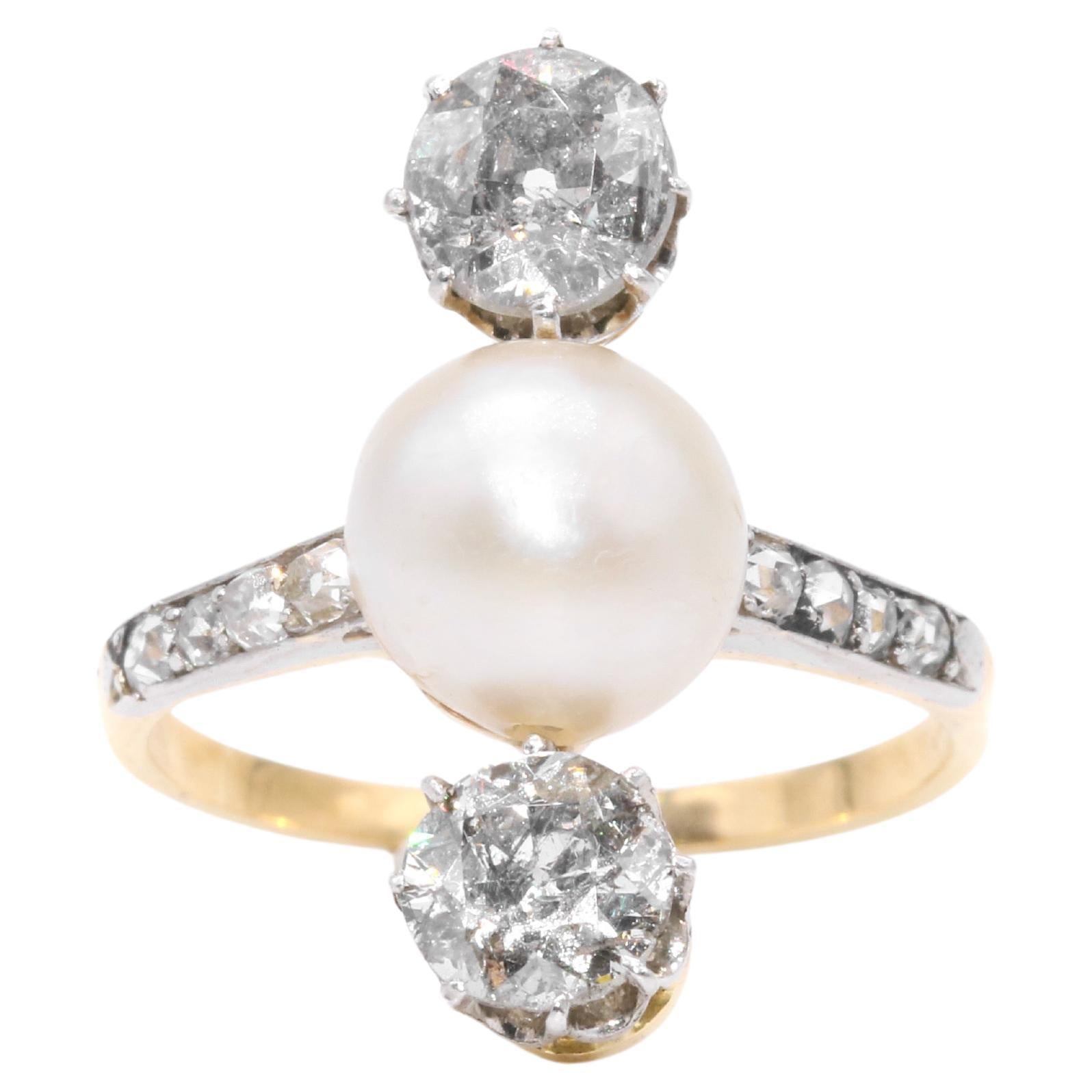 Bague édouardienne ancienne en or 18 carats, platine, perle naturelle et diamants de 1,89 carat en vente