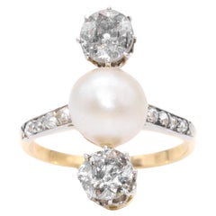 Bague édouardienne ancienne en or 18 carats, platine, perle naturelle et diamants de 1,89 carat