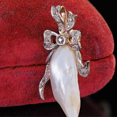 Antique Edwardian 18K Gold Platinum Natural River Pearl and Diamond Pin Pendant