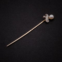 Antique Edwardian 18K Gold & Platinum Old Cut Diamond & Natural Pearl Stick Pin