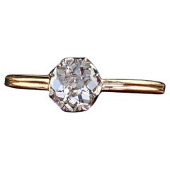Bague de fiançailles édouardienne ancienne en or 18 carats, platine et diamant taille vieille mine - GIA