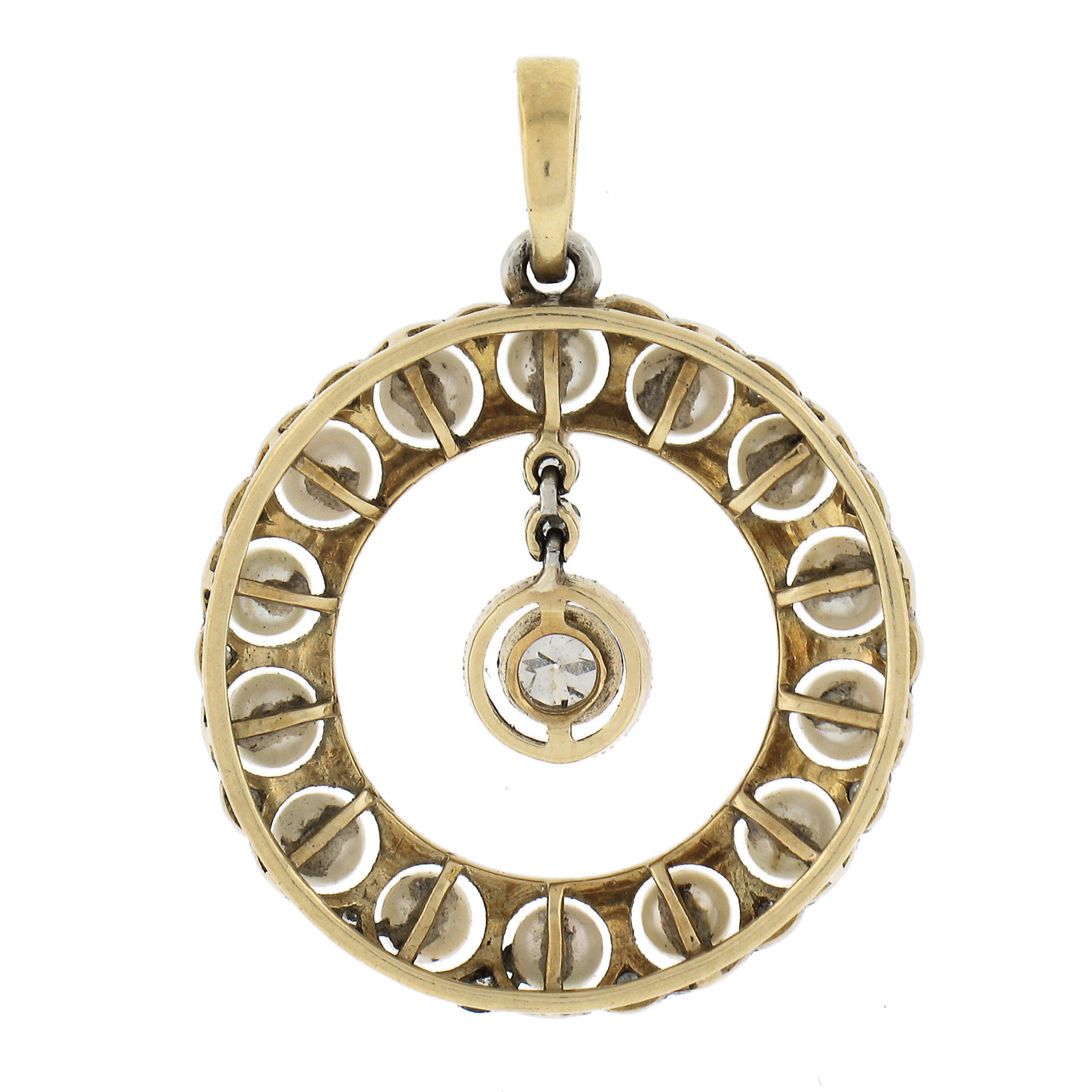 Women's Antique Edwardian 18K Gold Platinum Pearl & Diamond Dangle Wreath Circle Pendant For Sale