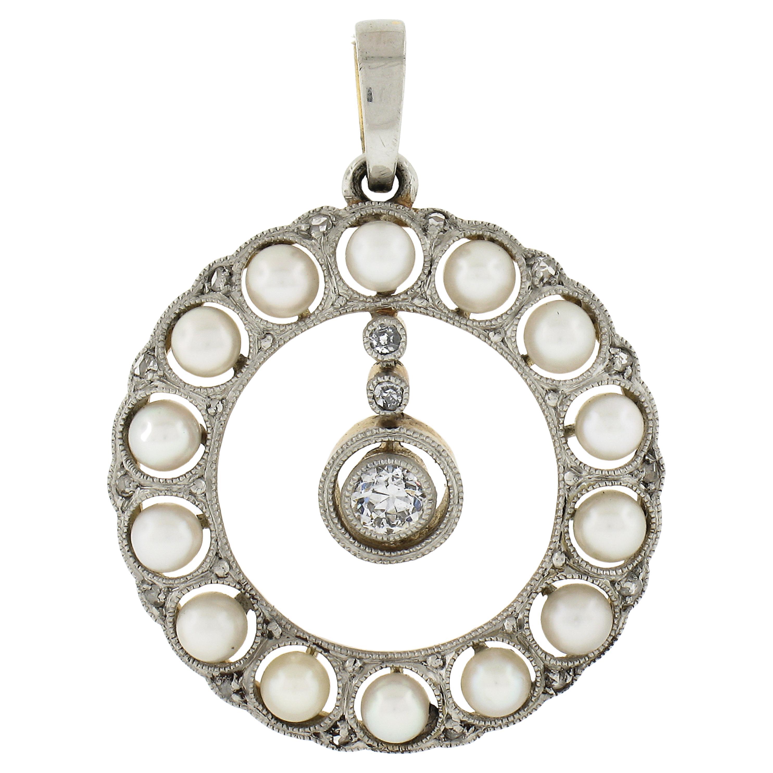 Antique Edwardian 18K Gold Platinum Pearl & Diamond Dangle Wreath Circle Pendant For Sale