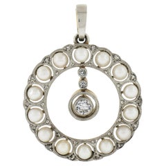 Antiquité Edwardienne Or 18K Platine Perle & Diamant Pendentif Cercle Couronne Dangle
