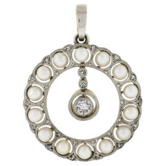 Antique Edwardian 18K Gold Platinum Pearl & Diamond Dangle Wreath Circle Pendant