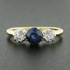 Antique Edwardian 18K Gold & Platinum Sapphire & European Diamond 3 Stone Ring