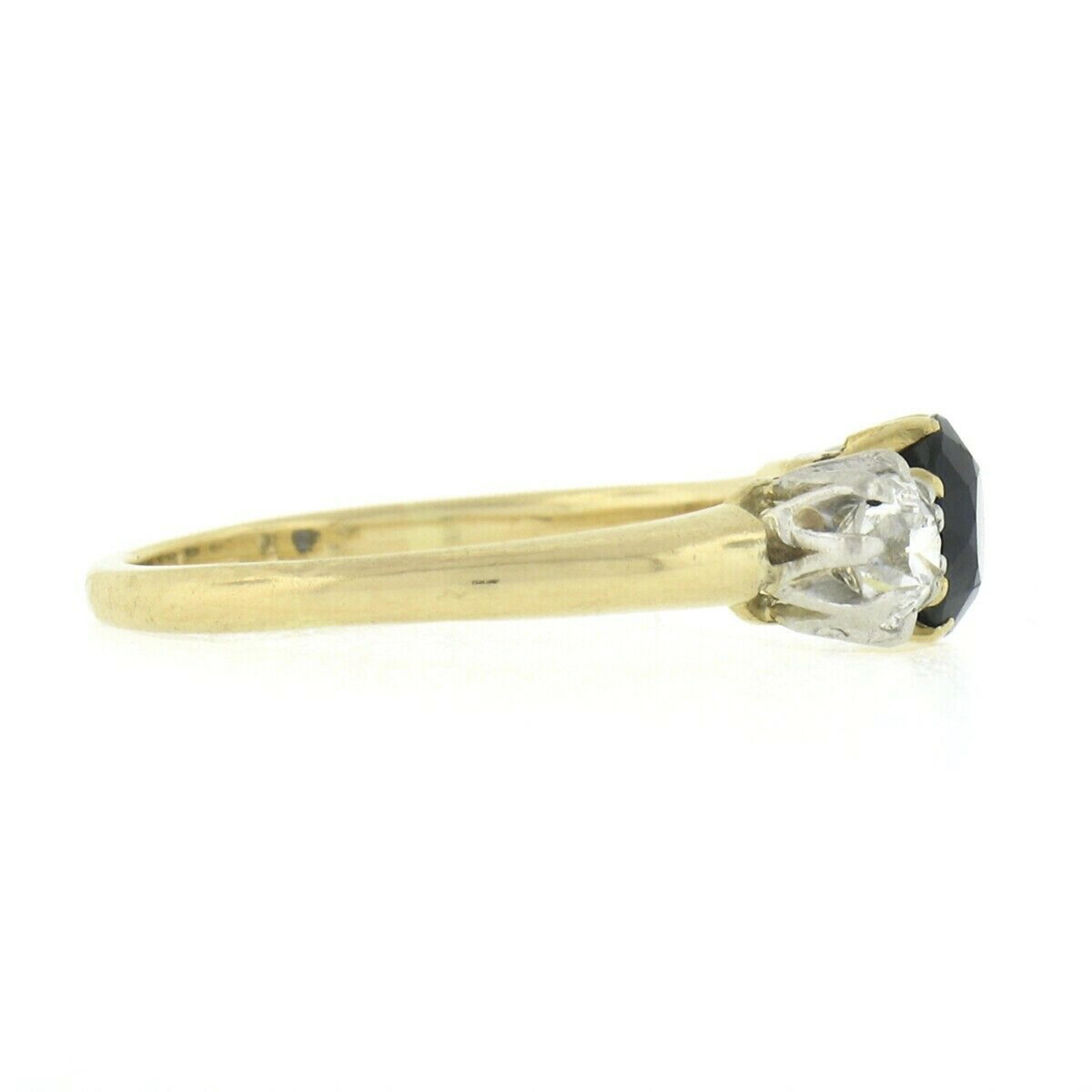 Women's Antique Edwardian 18K Gold & Platinum Sapphire & European Diamond 3 Stone Ring