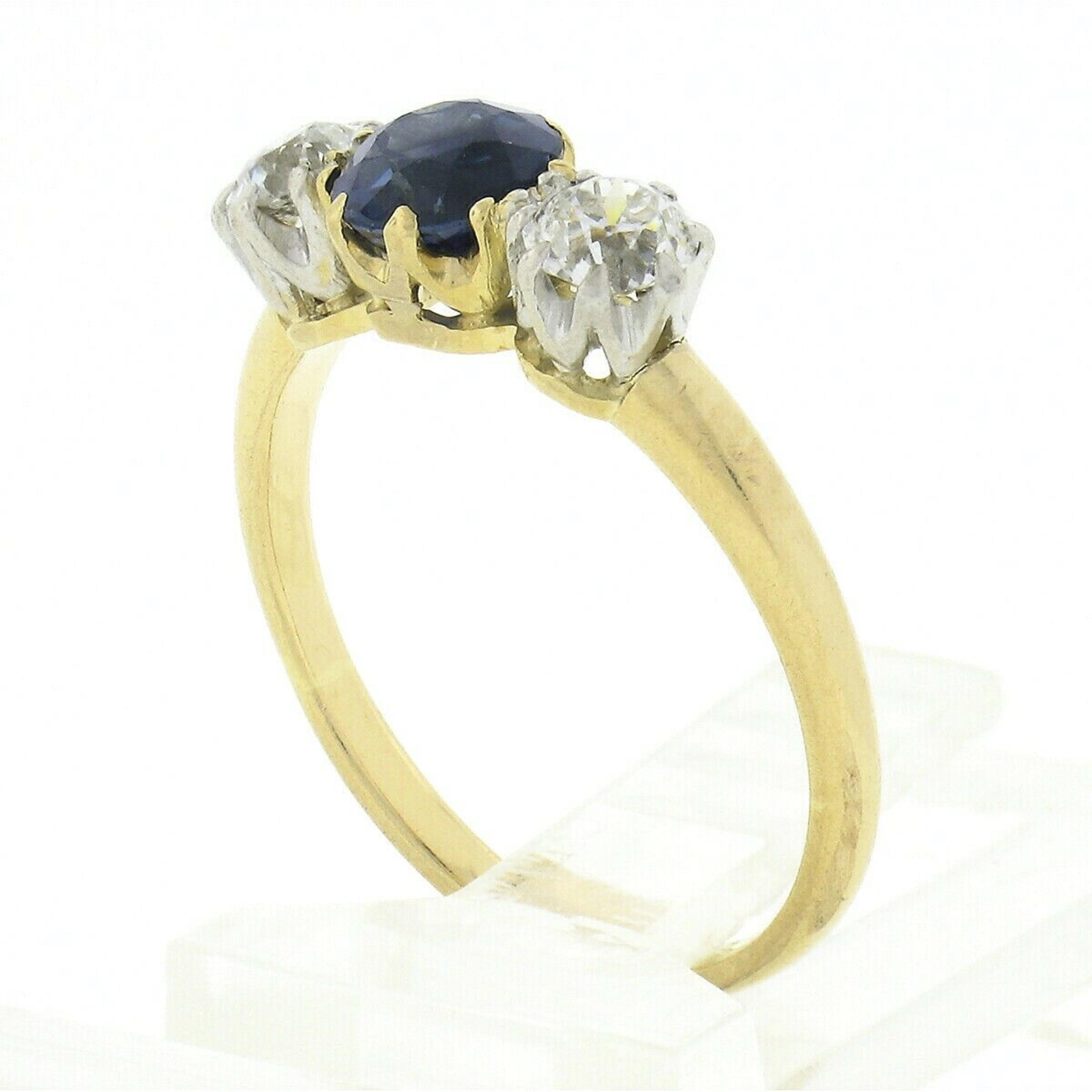 Antique Edwardian 18K Gold & Platinum Sapphire & European Diamond 3 Stone Ring 4