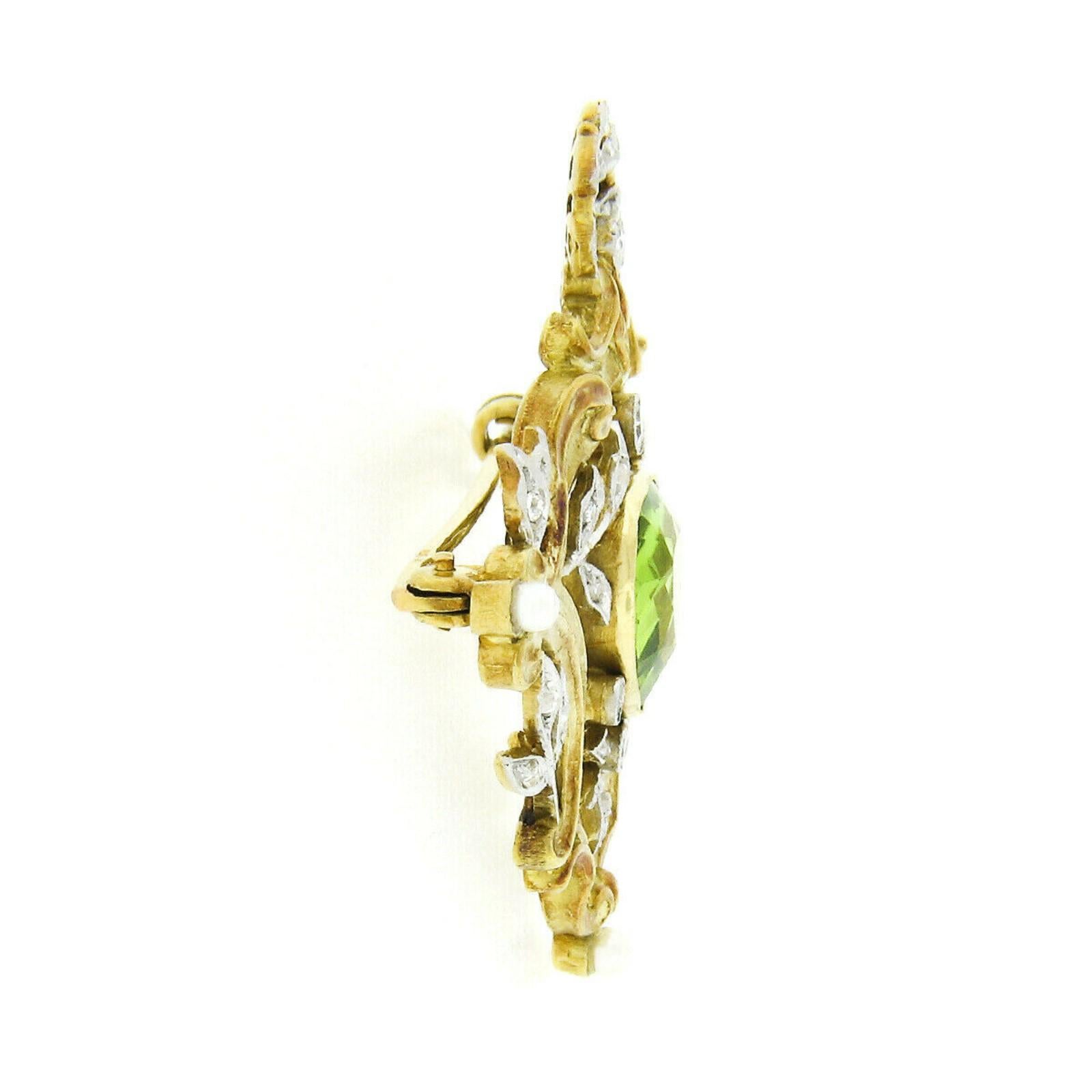 Antique Edwardian 18k Gold Platinum Top GIA Peridot Pearl & Diamond Leaf Brooch In Good Condition In Montclair, NJ