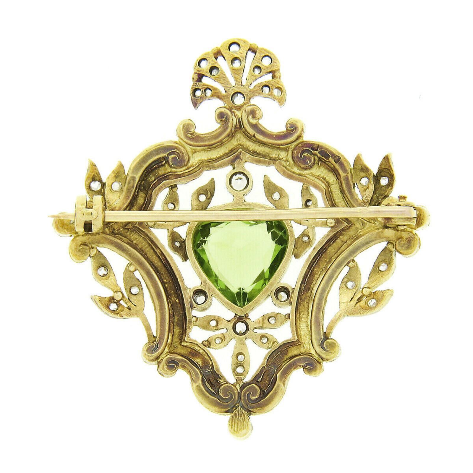 Women's or Men's Antique Edwardian 18k Gold Platinum Top GIA Peridot Pearl & Diamond Leaf Brooch