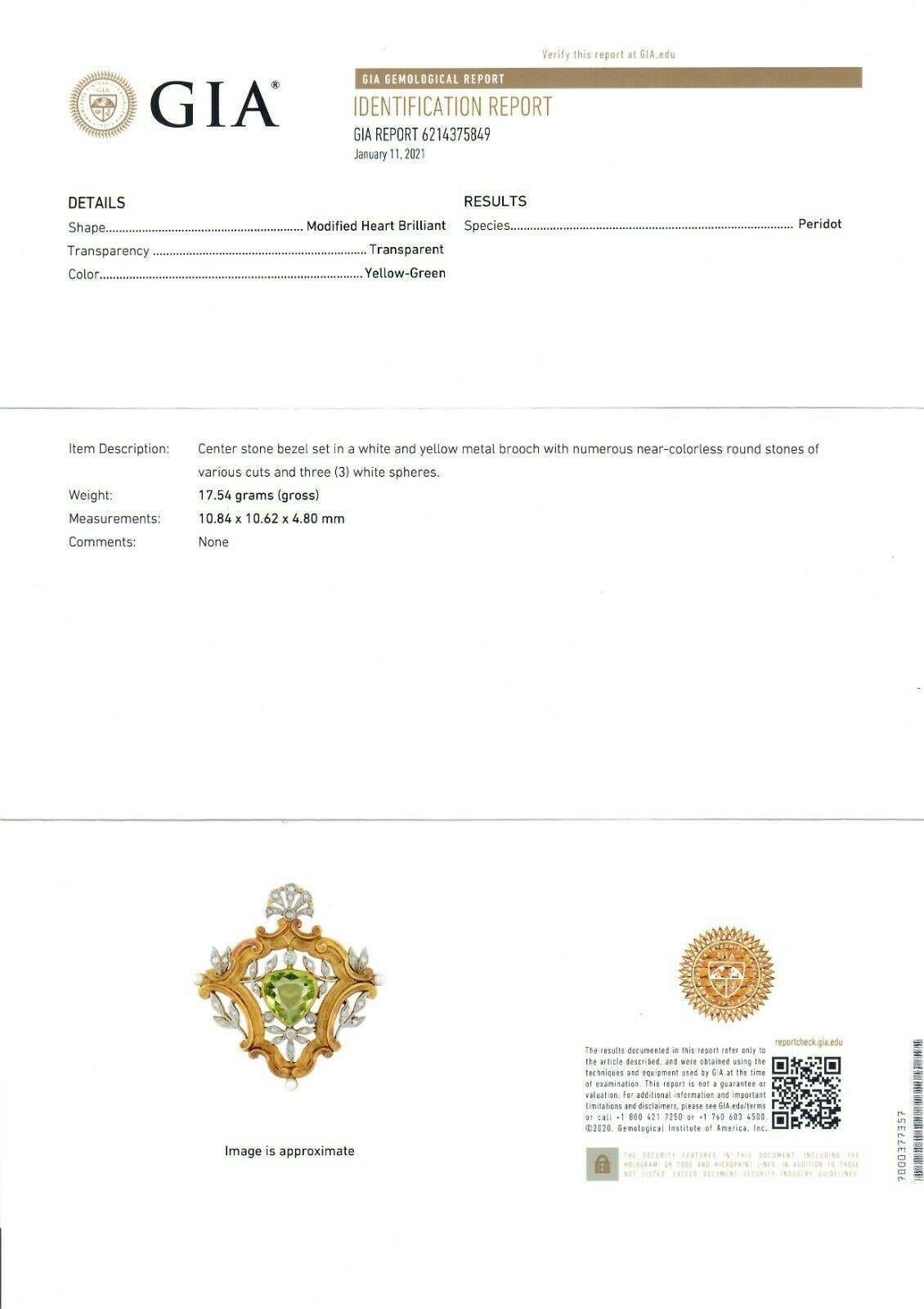 Antique Edwardian 18k Gold Platinum Top GIA Peridot Pearl & Diamond Leaf Brooch 3