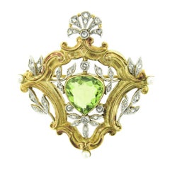 Antique Edwardian 18k Gold Platinum Top GIA Peridot Pearl & Diamond Leaf Brooch