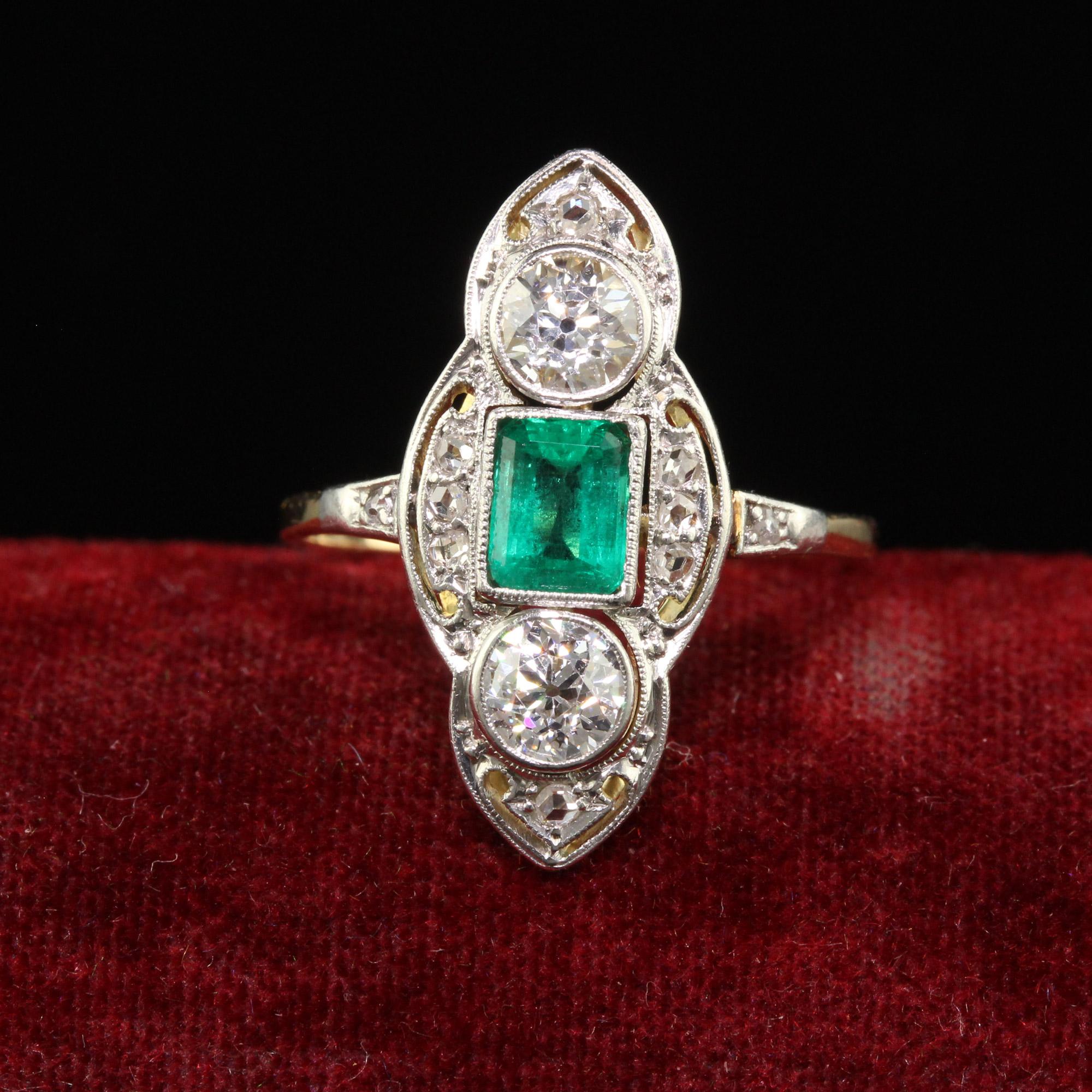 Beautiful Antique Edwardian 18K Gold Platinum Top Old Euro Diamond Emerald Cocktail Ring. This gorgeous Edwardian diamond and emerald ring is crafted in 18k yellow gold and platinum top. This ring features a gorgeous natural green emerald in the