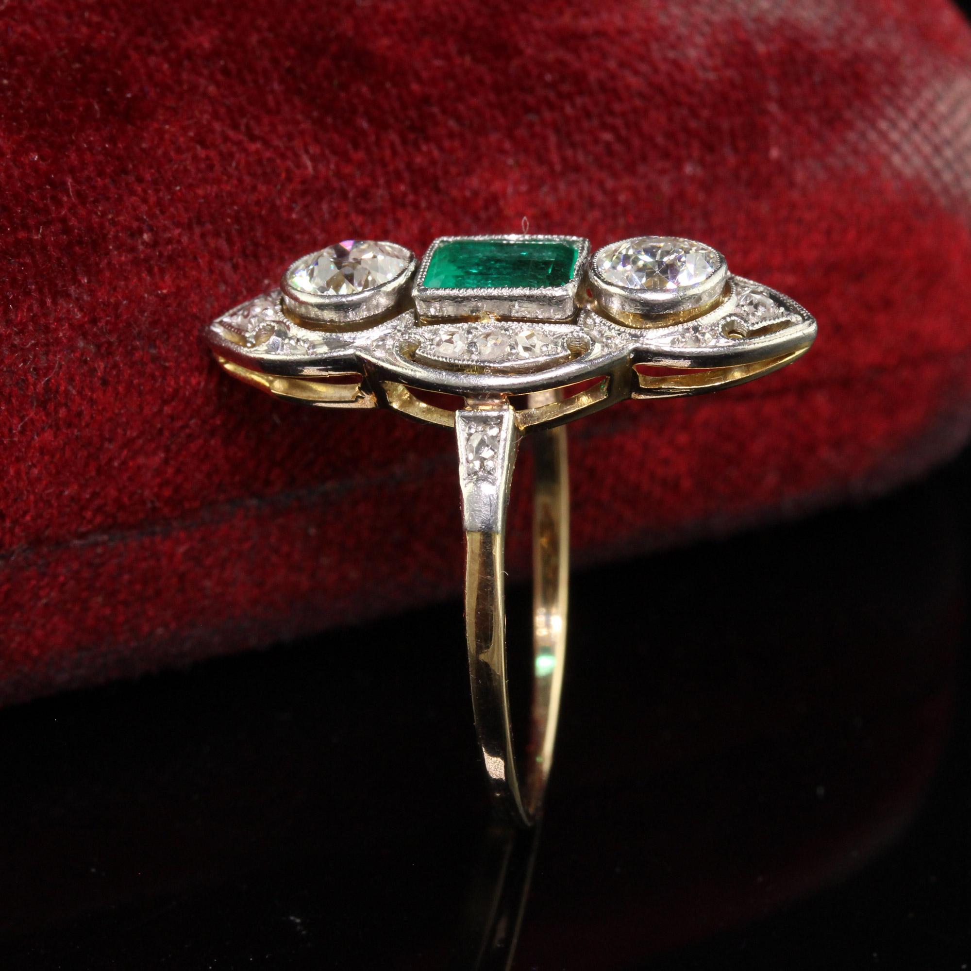 Emerald Cut Antique Edwardian 18K Gold Platinum Top Old Euro Diamond Emerald Cocktail Ring For Sale