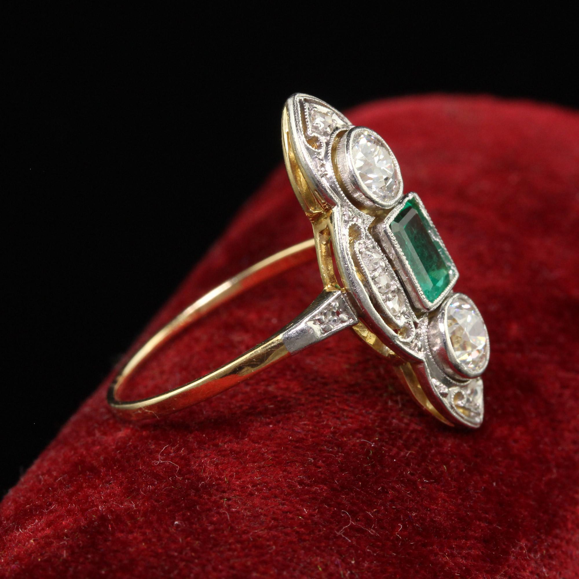 Antique Edwardian 18K Gold Platinum Top Old Euro Diamond Emerald Cocktail Ring In Good Condition For Sale In Great Neck, NY