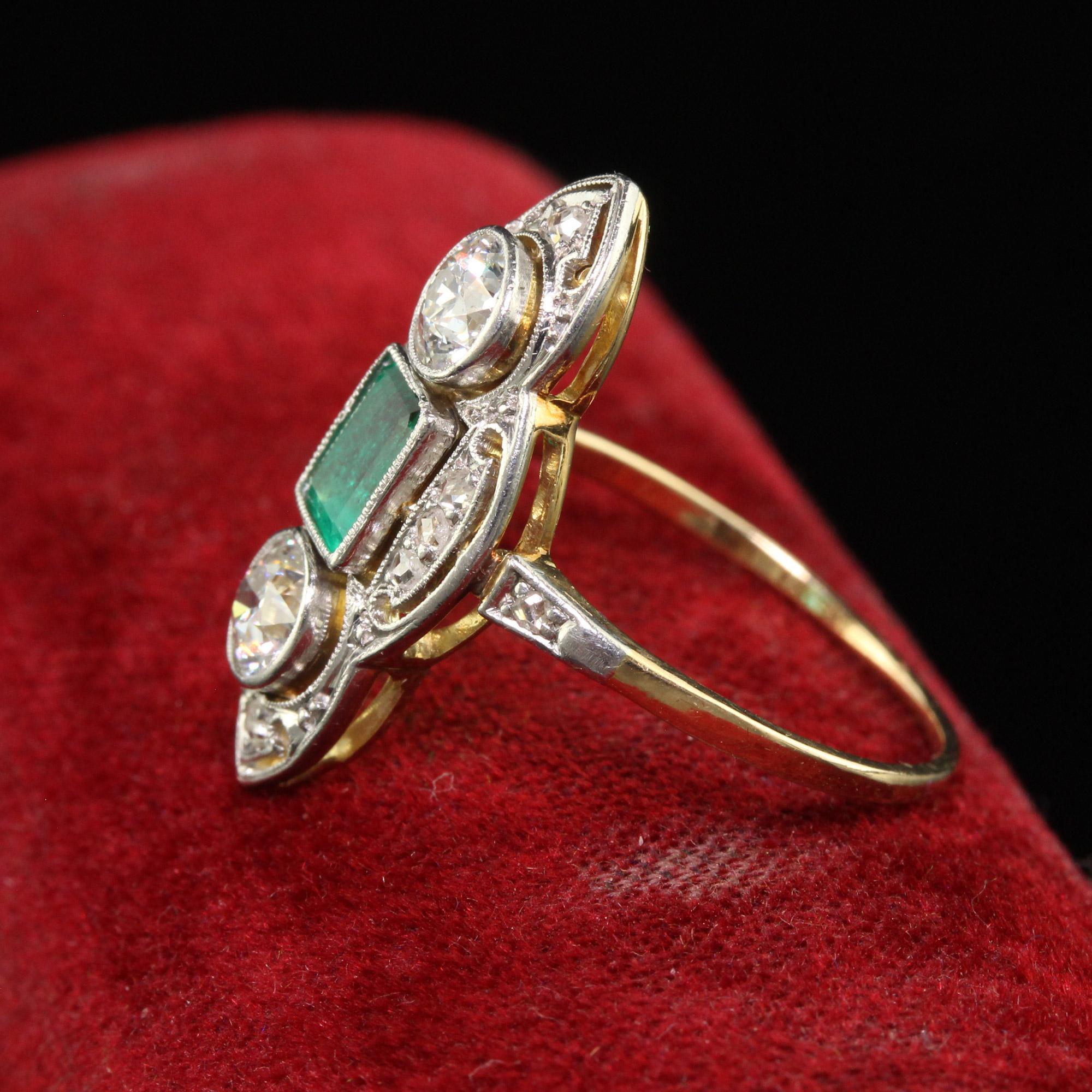 Women's Antique Edwardian 18K Gold Platinum Top Old Euro Diamond Emerald Cocktail Ring For Sale