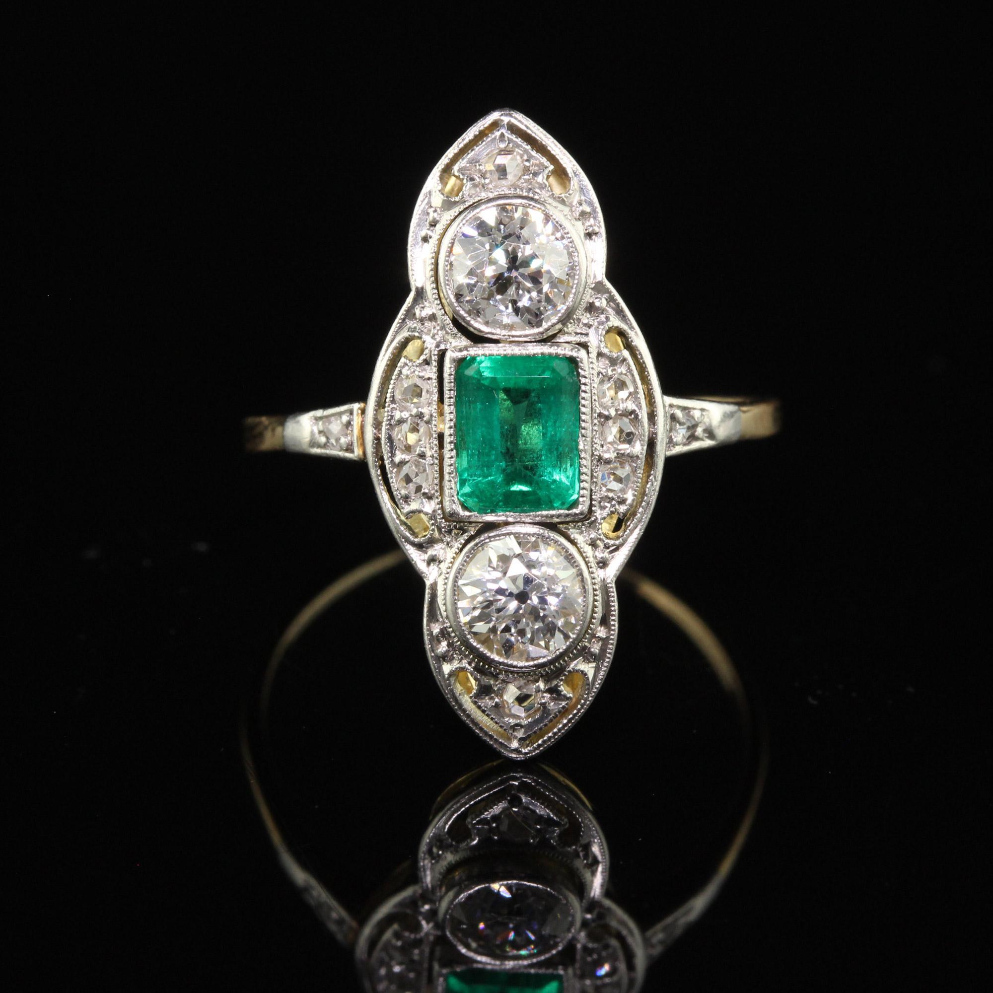 Antique Edwardian 18K Gold Platinum Top Old Euro Diamond Emerald Cocktail Ring For Sale 1