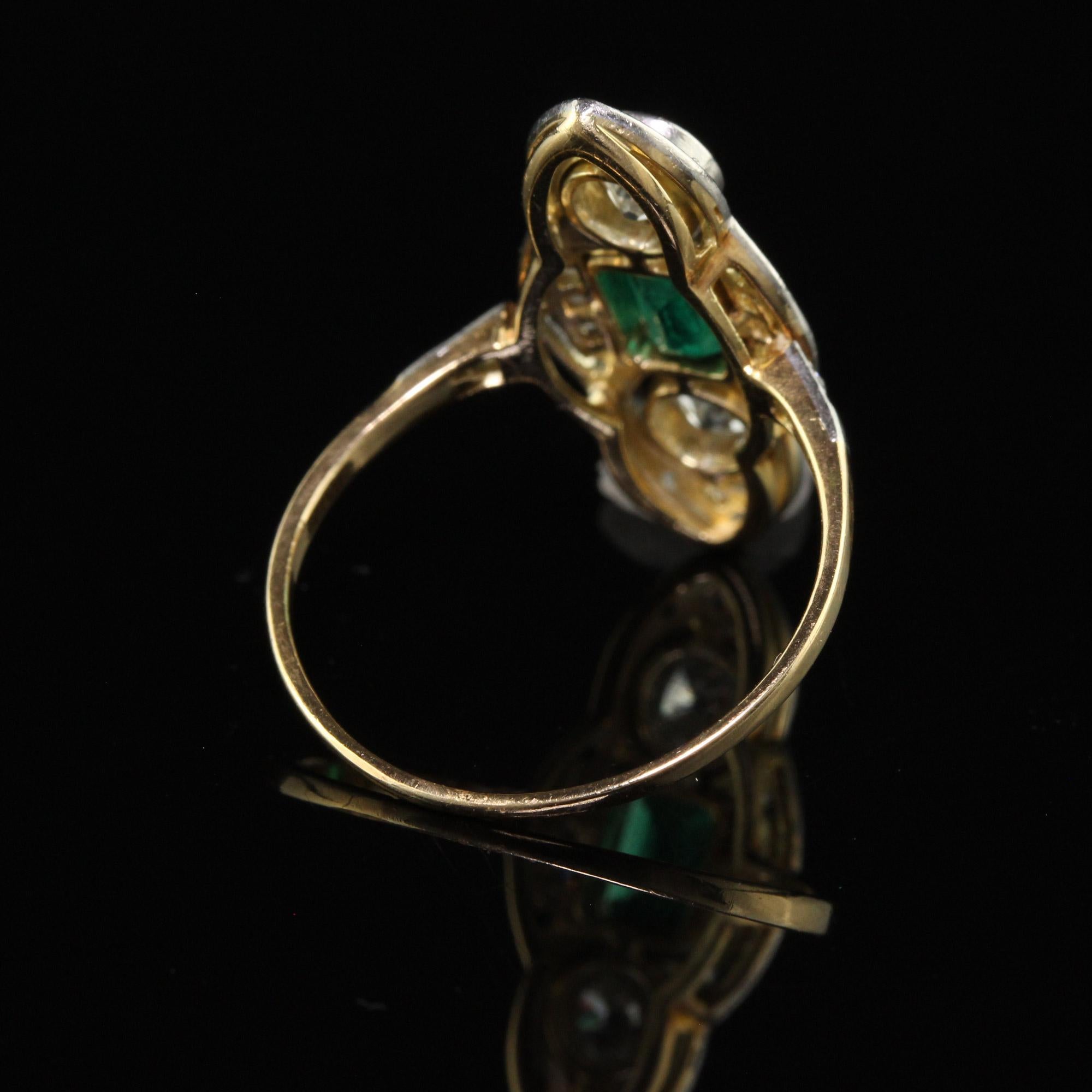 Antique Edwardian 18K Gold Platinum Top Old Euro Diamond Emerald Cocktail Ring For Sale 2
