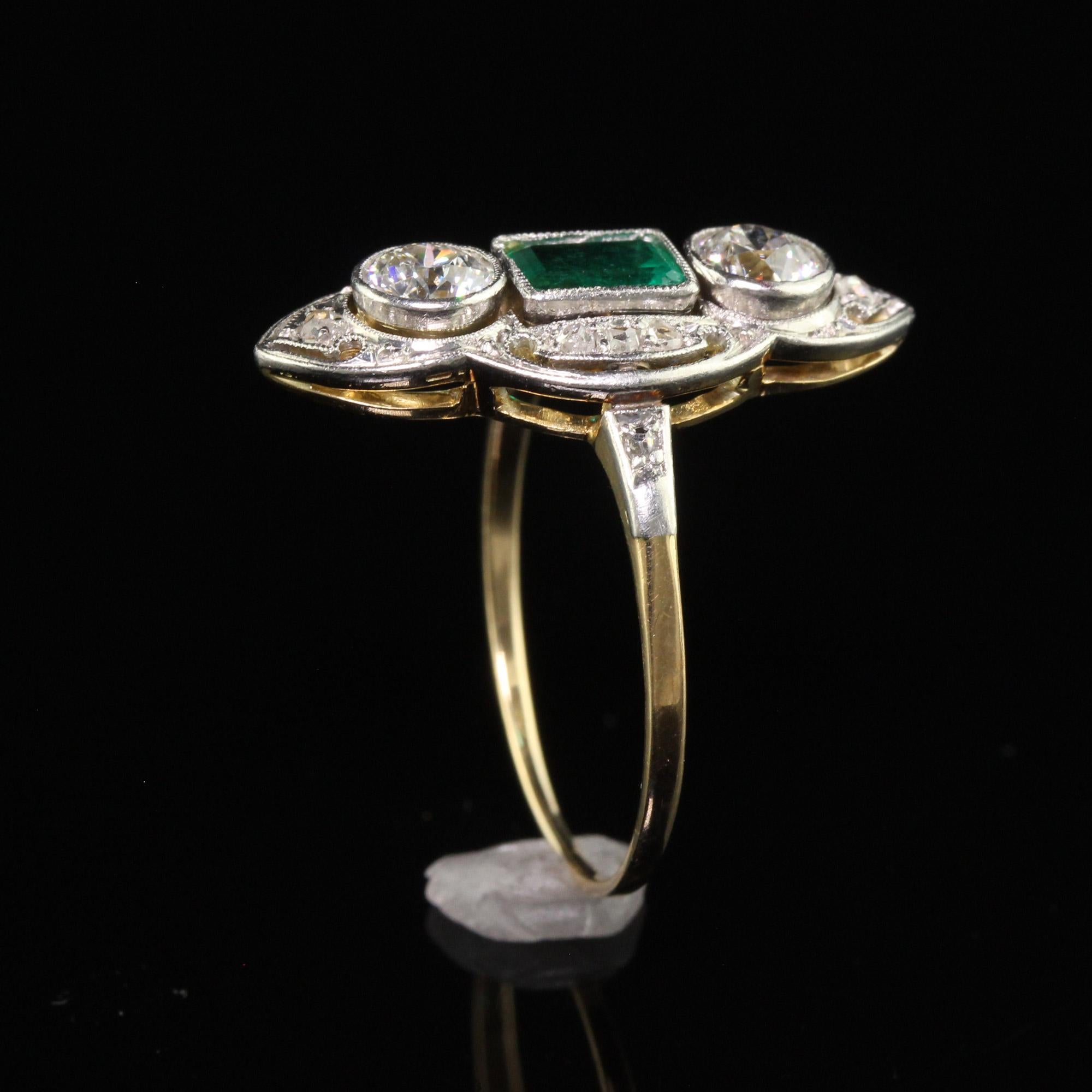 Antique Edwardian 18K Gold Platinum Top Old Euro Diamond Emerald Cocktail Ring For Sale 3