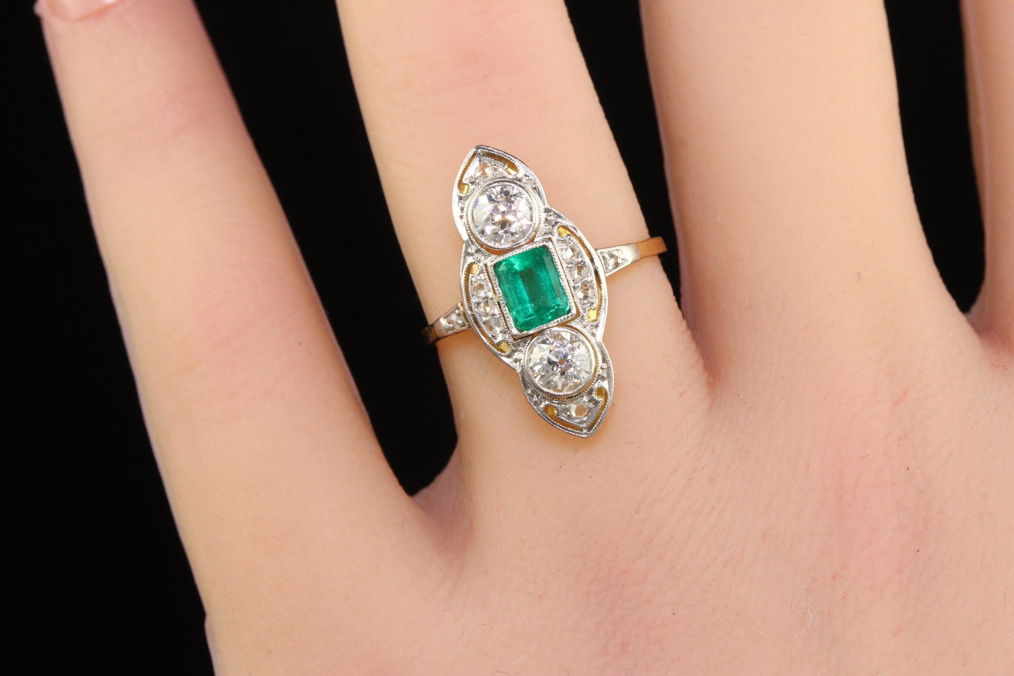 Antique Edwardian 18K Gold Platinum Top Old Euro Diamond Emerald Cocktail Ring For Sale 4
